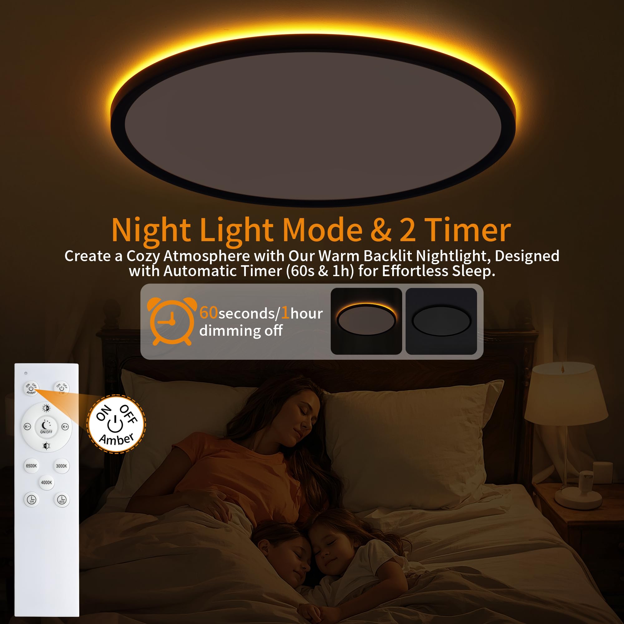 UprizeP Flush Mount Ceiling Light with Remote Control, 15in, 36W, Dimmable 3000-6500K, Night Light, Black, Model SK1038