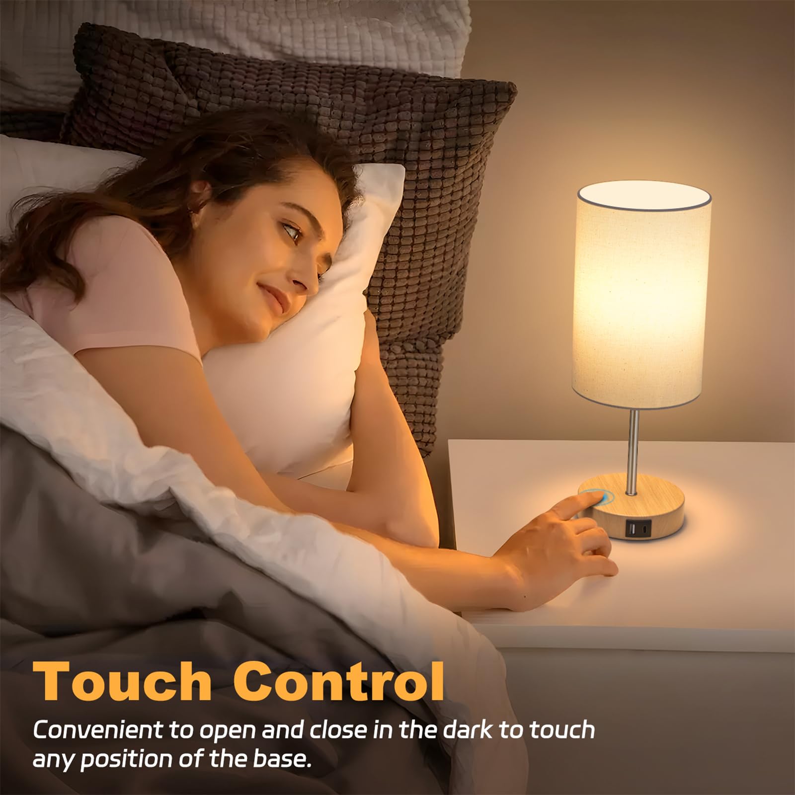 AKASUKI 3-Way Dimmable Touch Table Lamp, 14.25 in, Cream Shade-Wood Base, LED Bulb Included, Model XTD-Y