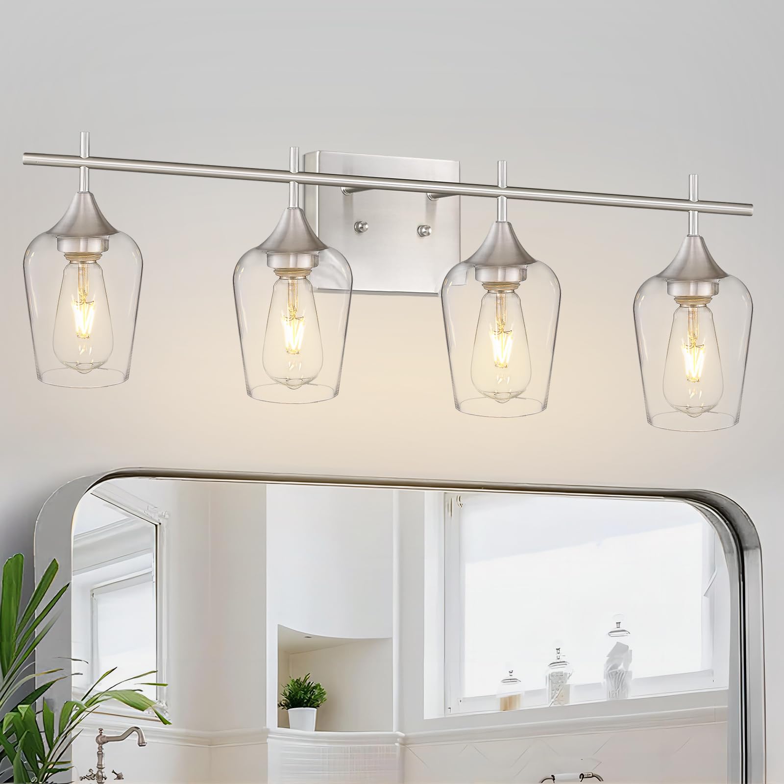 Osimir 4-Light Bathroom Lighting Fixture, Brushed Nickel Vanity Lights with Clear Glass, 24 Inch, Model WL9167-4C