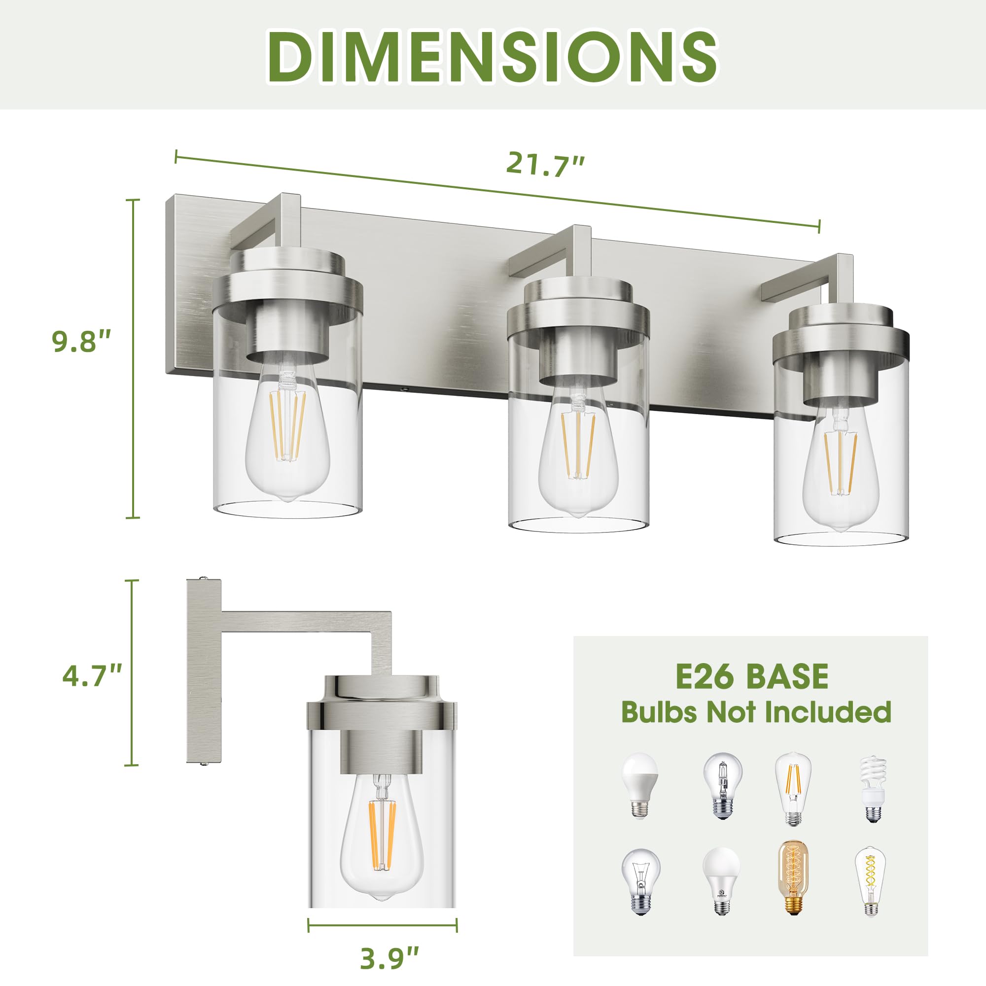 Espird 3-Light Bathroom Vanity Light Fixture, Brushed Nickel, Glass Shade, Model L08-3-NL