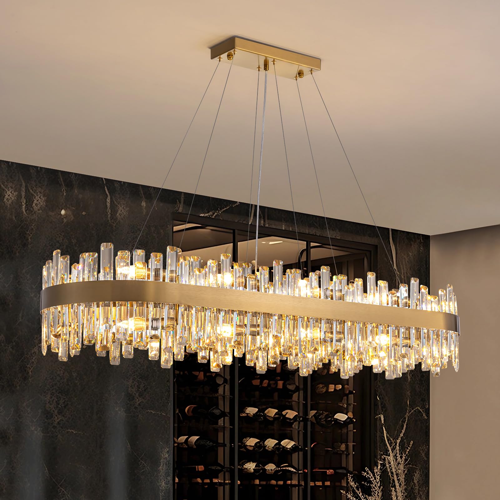 Siljoy Modern Crystal Chandeliers, Brushed Gold Rectangle Crystal Chandelier Light Fixture, Luxury Raindrop Pendant Ceiling Ligh