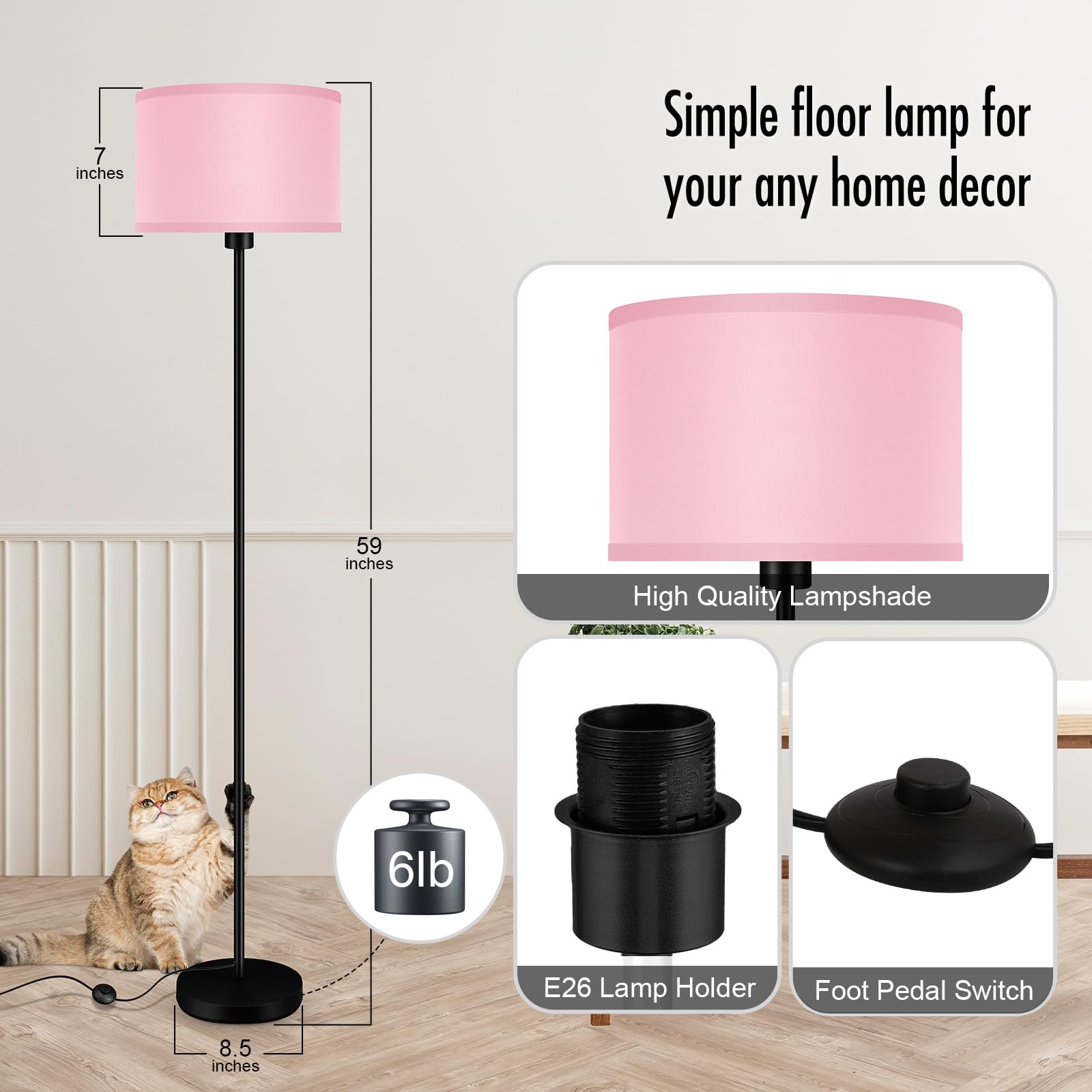 Auquee Floor Lamp Pink, Standing Lamp, Small Floor Lamps With Lampshade, 59'' Tall Lamps For Bedroom, Foot Switch, Simple Corner