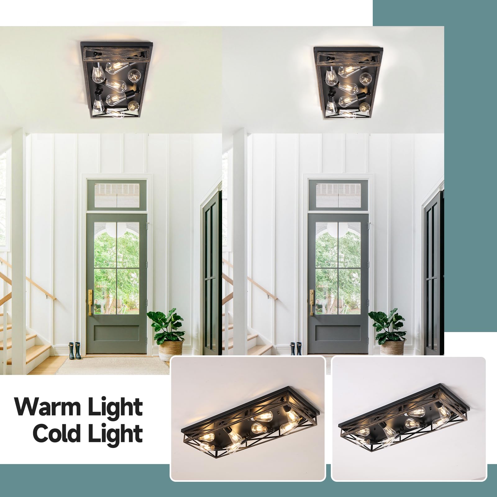 DIKAIDA Rustic Flush Mount Ceiling Light, 8-Light Metal Cage Fixture, 31in, Black, 1 Pack