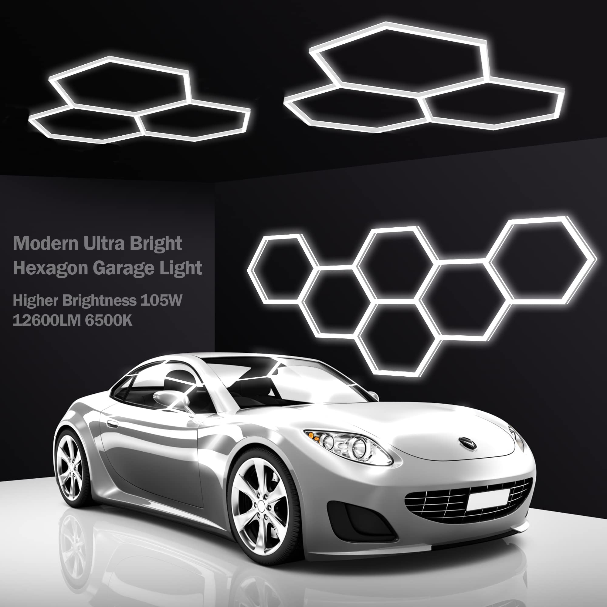 MODERN Hexagon LED Garage Light, 105W 12600LM, 3 Hexagonal Grids, Polycarbonate, 17.64inL x 11.34inW x 1.