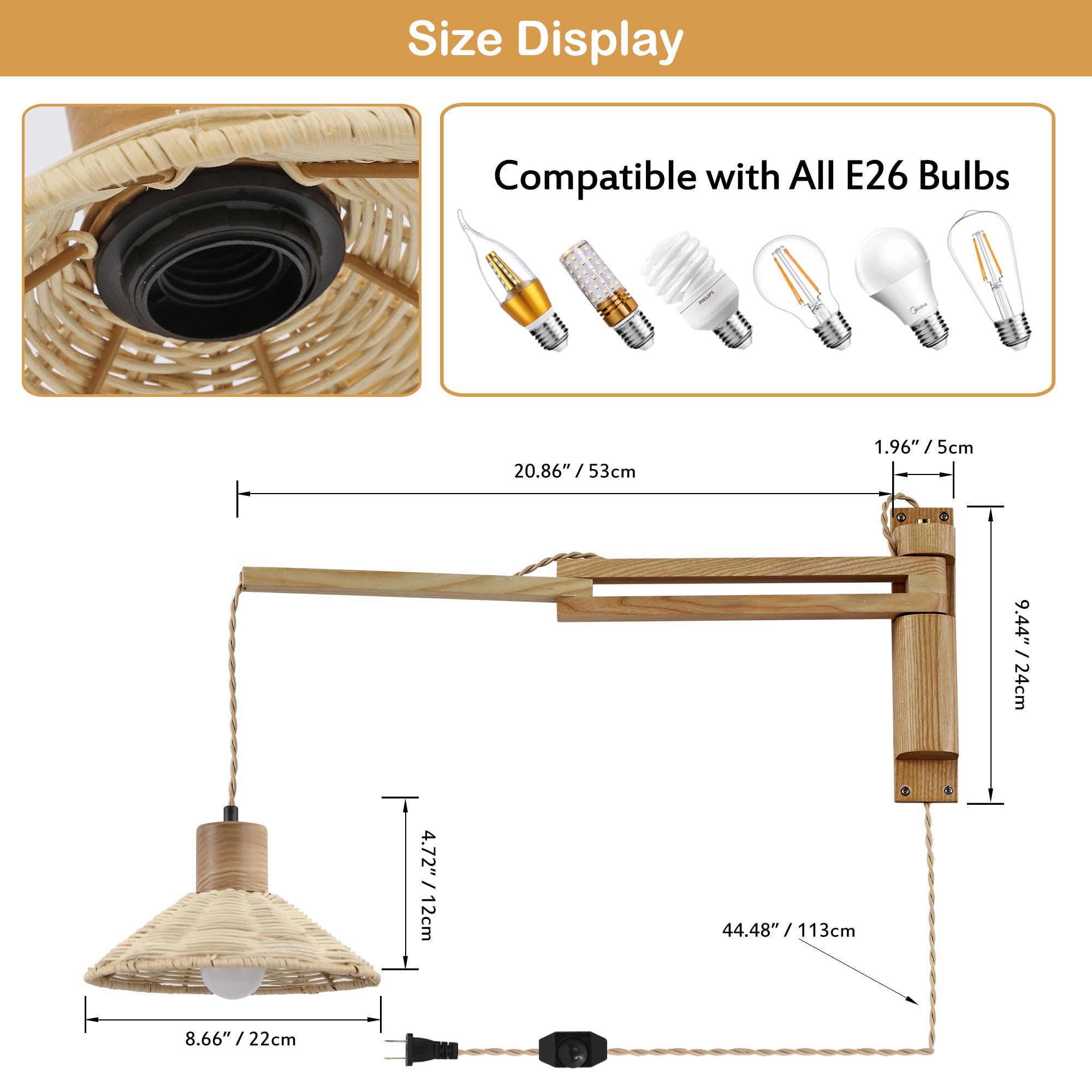 maesta Wood Plug Wall Sconce, Vintage Dimmable Swing Arm Lamp, Brown Bamboo, Model A027-3, Bulb Included