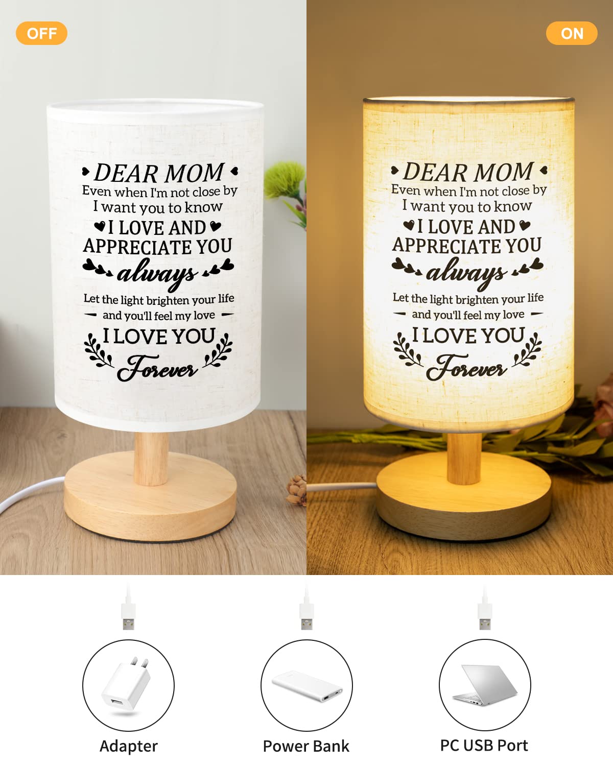 Calibron Gifts For Mom From Daughter Son, Mom Birthday Gifts Fabric Lamp, Valentine Birthday Gifts For Mom Table Lamp With Woode