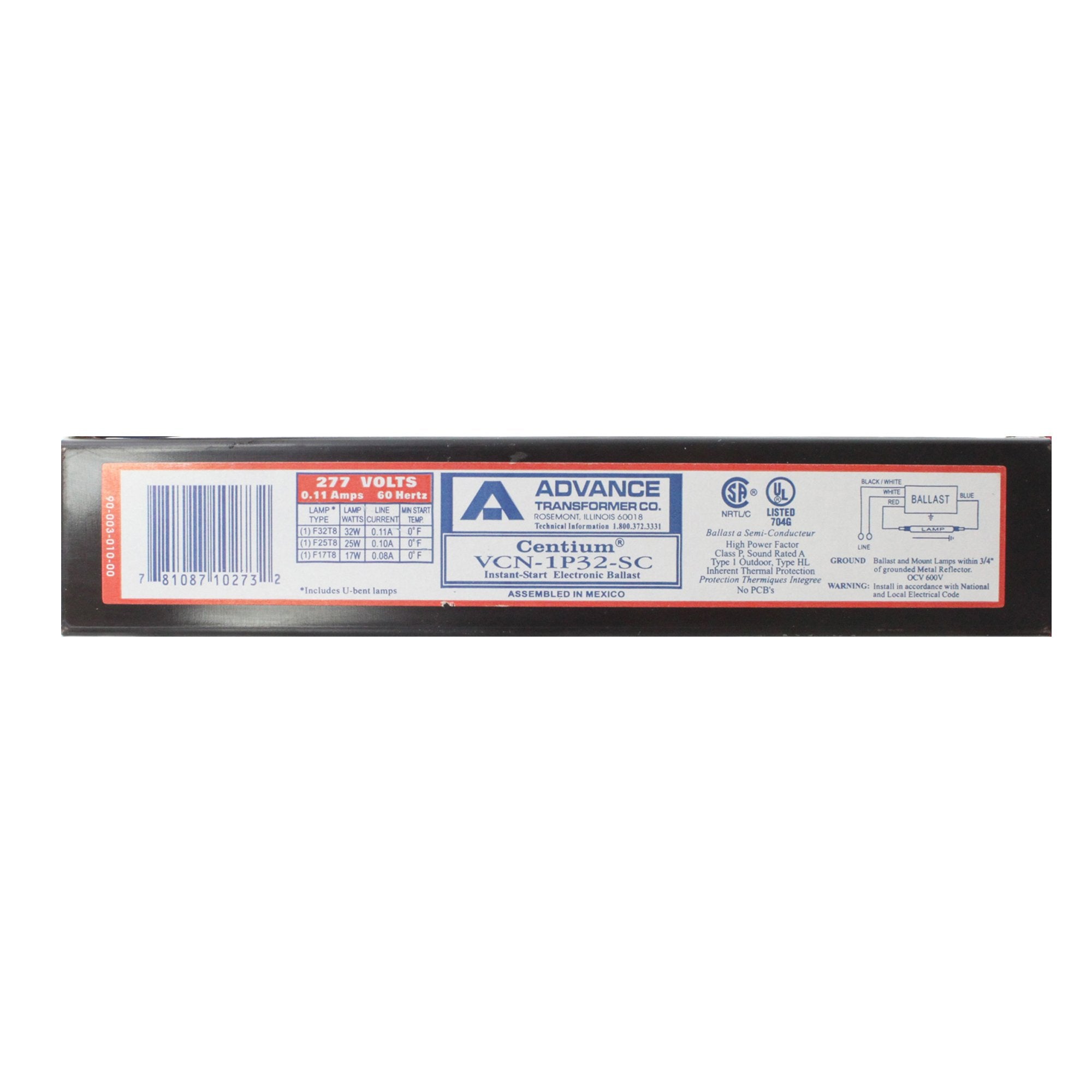 Advance Vcn-1P32-Sc Fluorescent Electronic Ballast, 1 Lamp, F32T8, 32W T8, 277V