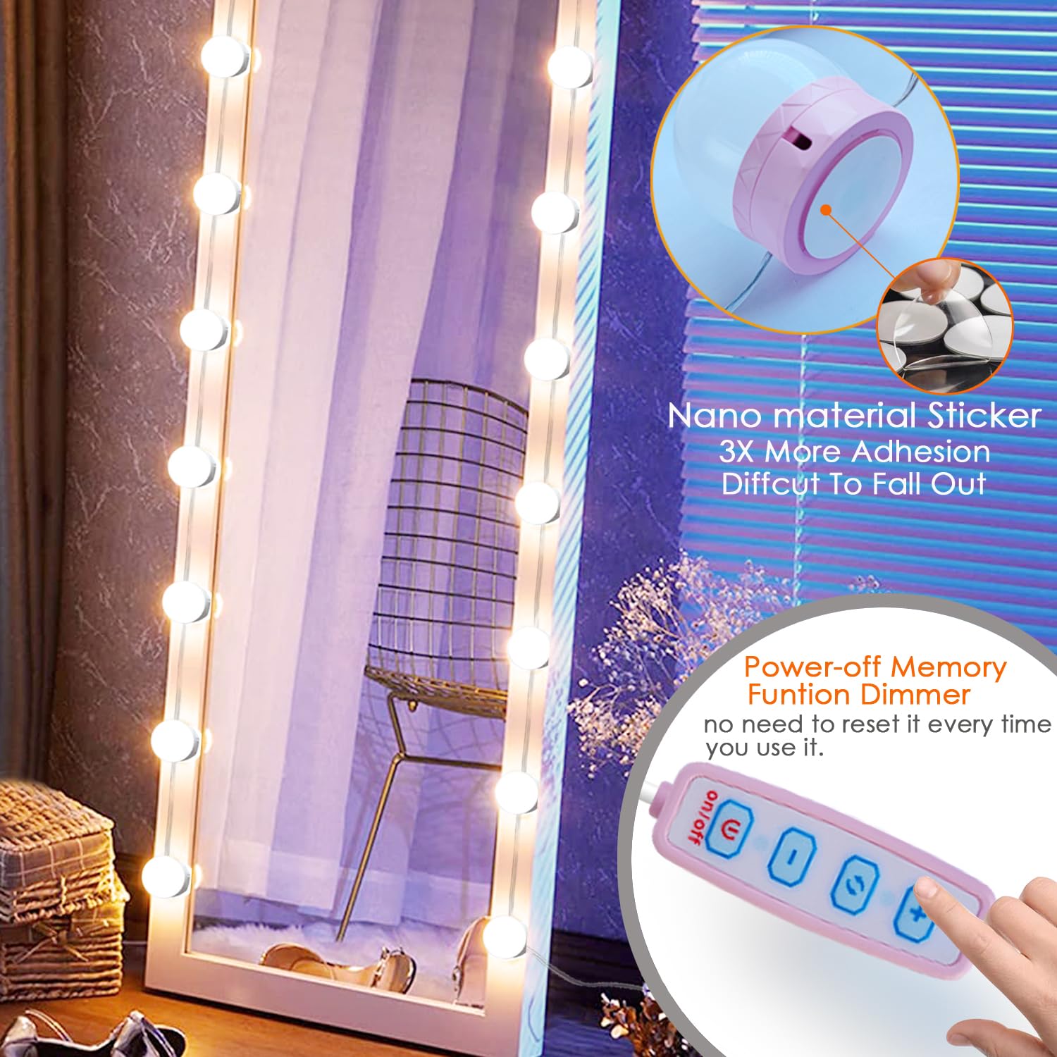 HELOIE 22.6ft LED Vanity Mirror Lights, 14 Dimmable Bulbs, Pink, Model vl-14p
