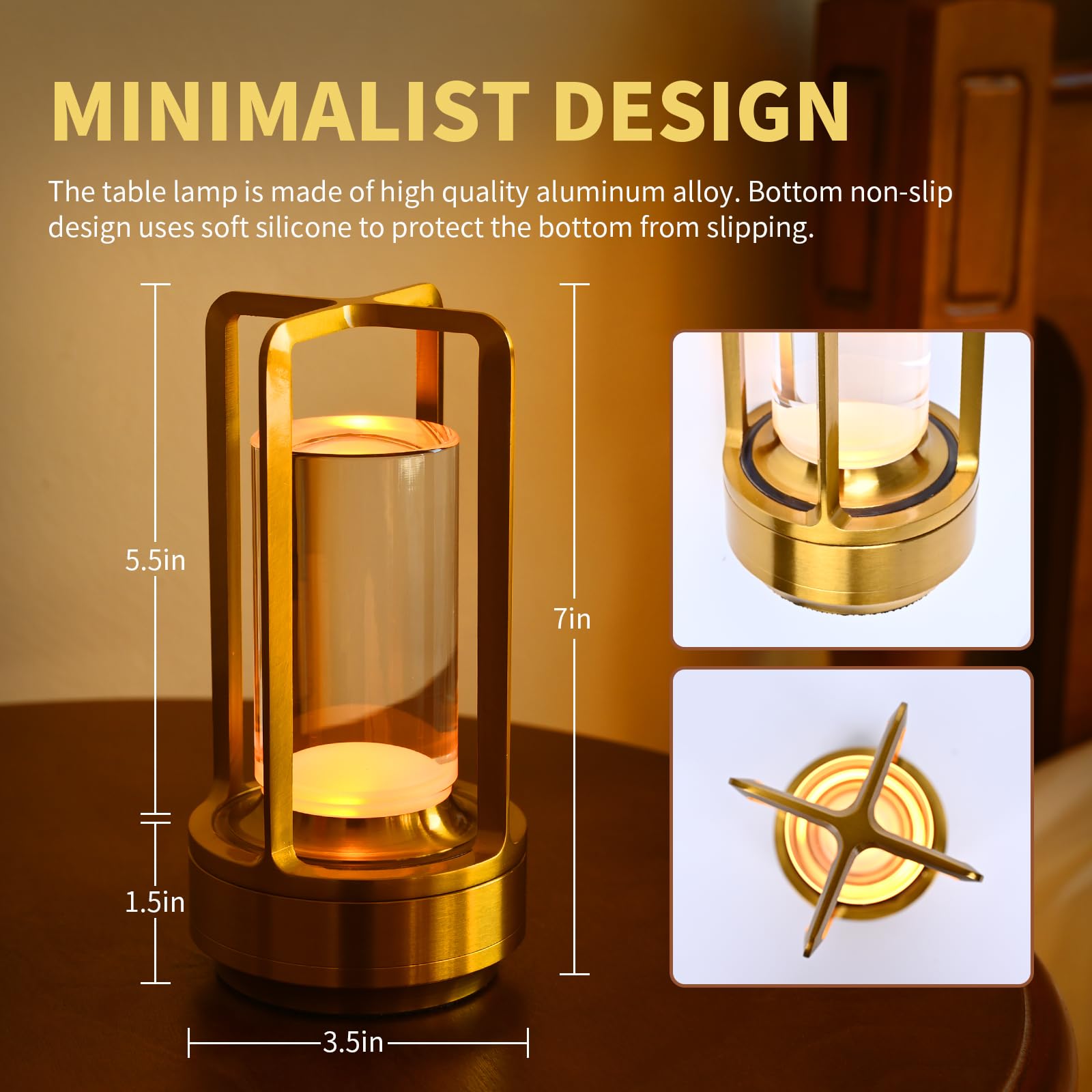 Cordless Table Lamp With Touch Sensor, Lumisom Crystal Table Lantern Lamp, Rechargeable Cordless Led Lamp, 3 Color 3200Ma Stepless Dimming Touch, Desk Lamp For Bedroom Restaurant Home Outdoor (Gold)