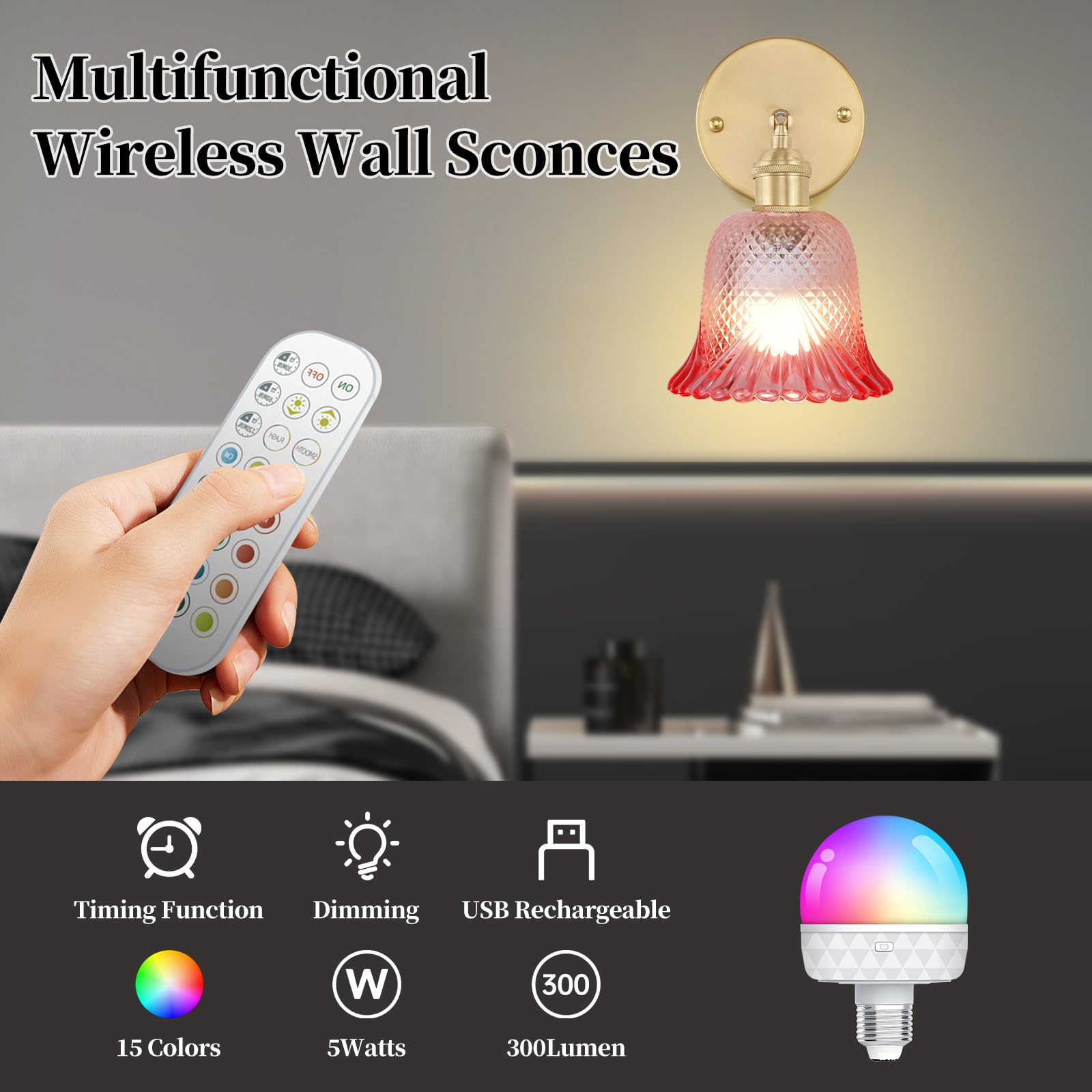 GEEZO Vintage Wall Sconce, Rechargeable Battery Light with Remote Control, Ripple Pink, Model GEEZO-Y-10, 1 Pack