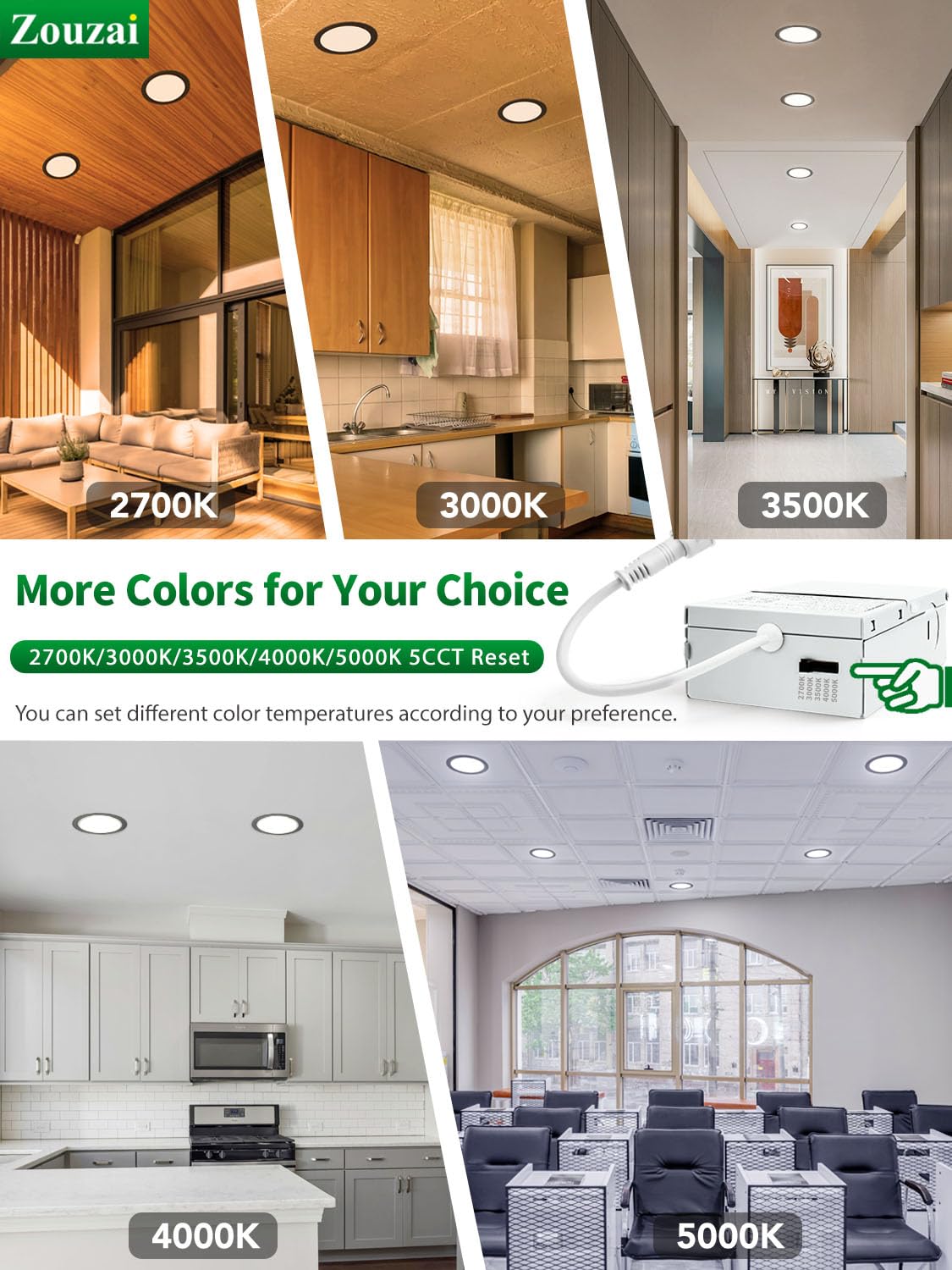 Zouzai 12 Pack 8 Inch 5Cct Ultra-Thin Led Recessed Ceiling Light With Junction Box, 2700K/3000K/3500K/4000K/5000K Selectable,Dim