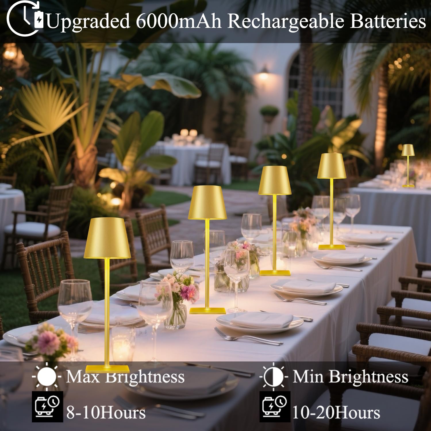 LamparaDecor Gold Cordless Table Lamps - Set of 2, 6000mAh Rechargeable LED Lighting for Patio, Dining Table, Kitchen Countertop