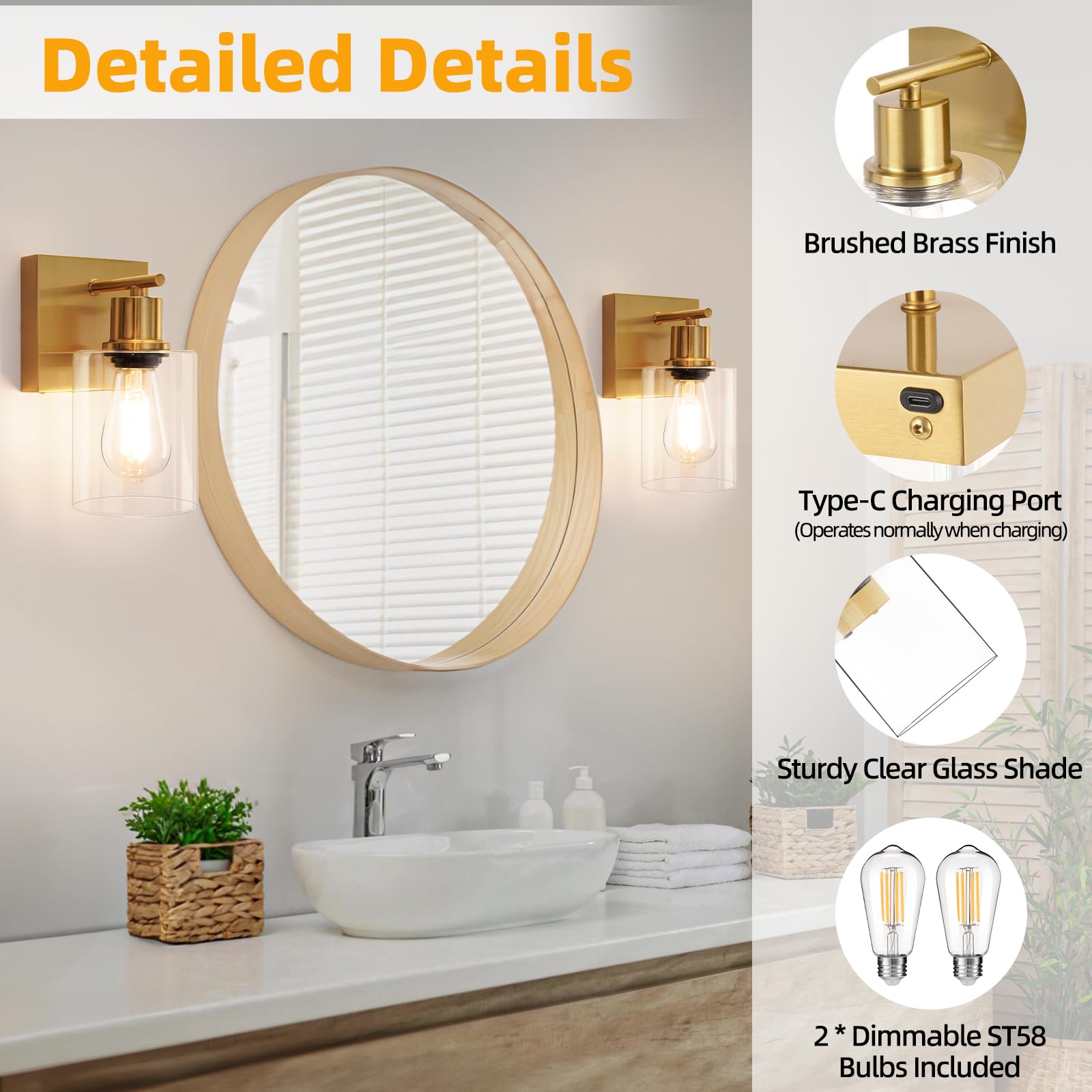 Wall Lights Set Of 2, Battery Operated Wall Sconces, Modern Brushed Brass Dimmable Wireless Rechargeable Wall Mounted Lamp For B