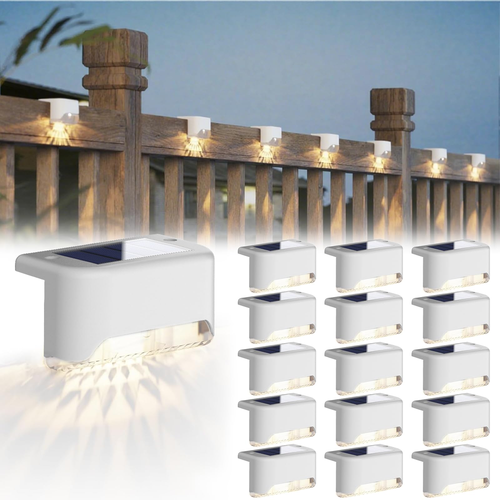 JACKYLED Solar Deck Lights 16 Pack Solar Fence Light Solar Powered Outdoor Step Light IP65 Waterproof LED Pathway Light for Deck Fence Railing Garden Patio StairYard  White