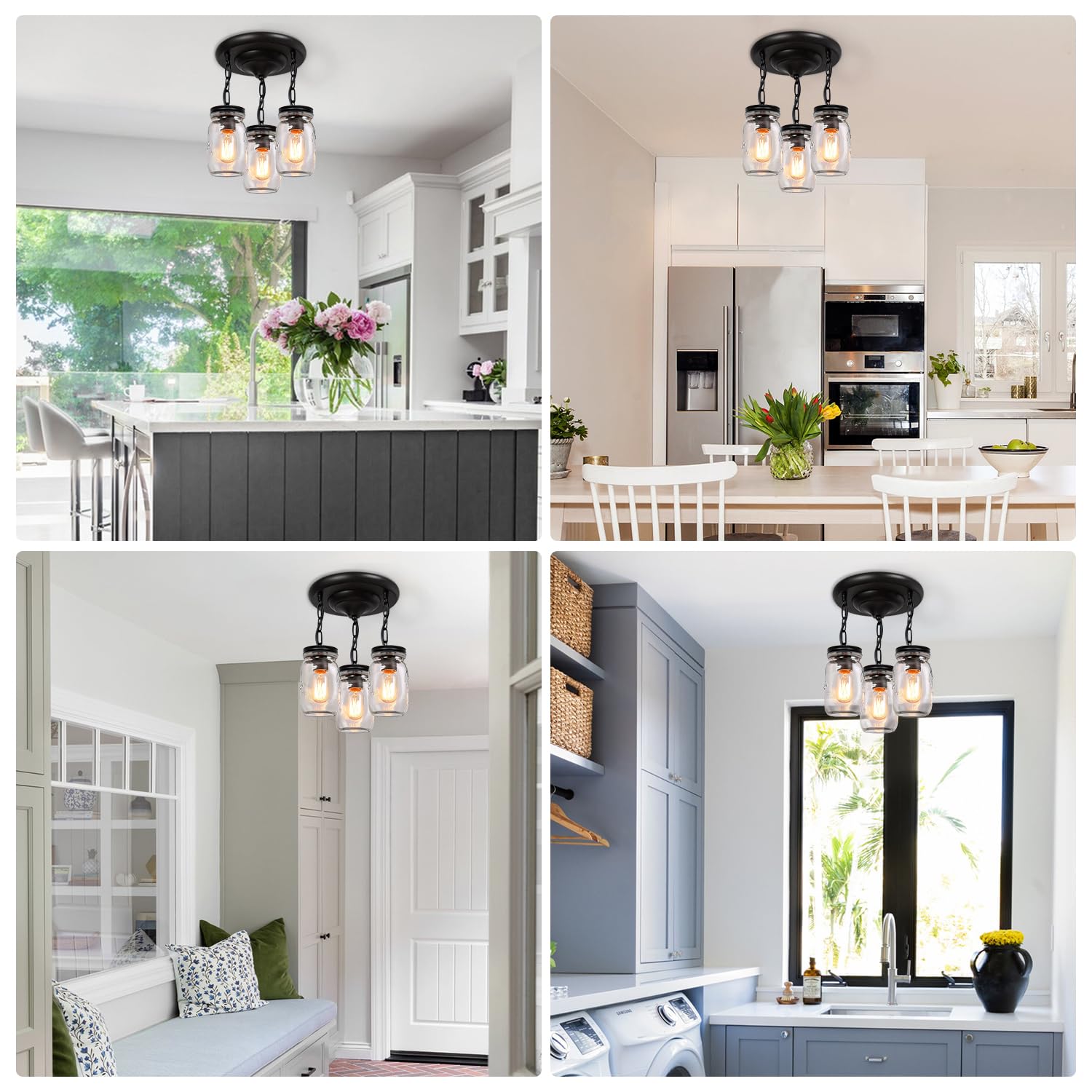 PUZHI HOME Mason Jar Pendant Light, 3-Light Chandelier for Kitchen Island, Black, Model 30