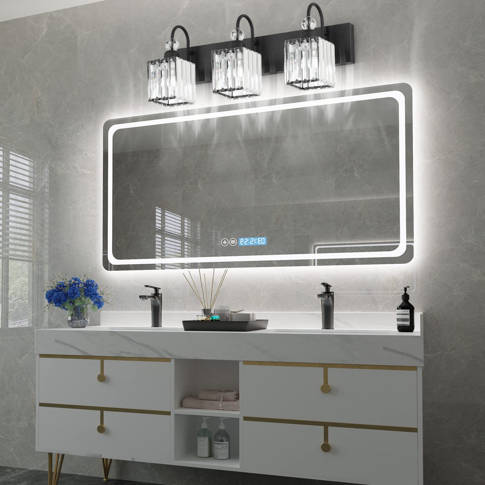 Ralbay 3-Light Modern Crystal Bathroom Vanity Light Fixture Over Mirror Matte Black, Model 8607, Square-Black