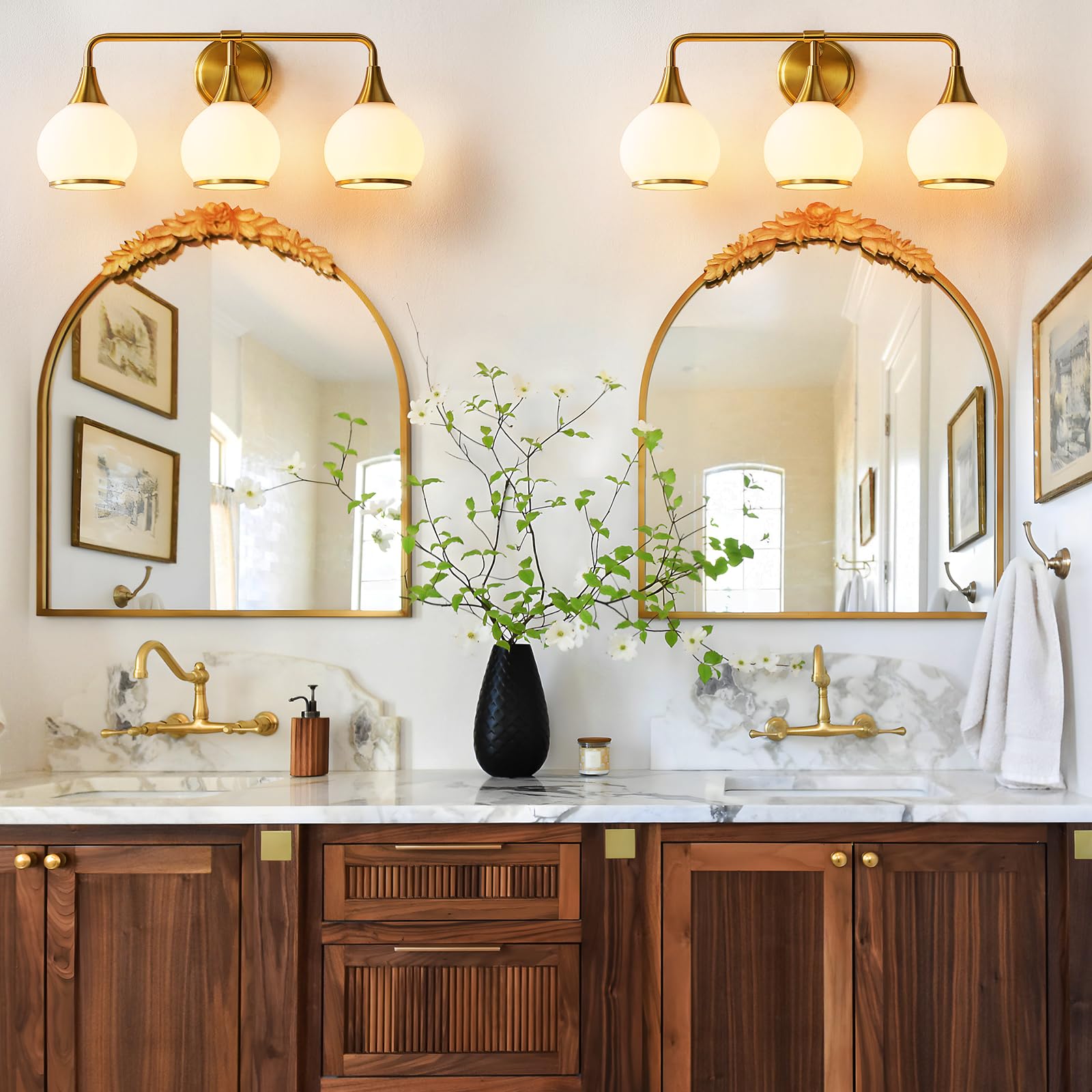 HAHZT 3-Light Brushed Gold Bathroom Vanity Light with Milky White Glass Shade, Model 8033ML, 22.4 inch Wall Sconce Lighting
