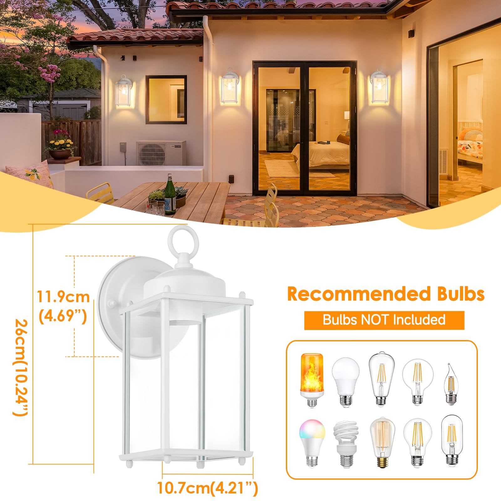 MATAMEYE Outdoor Wall Lantern, Waterproof Sconce Light, Iron, 10.24 inch, White, Model GS8648-XL, 2 Pack