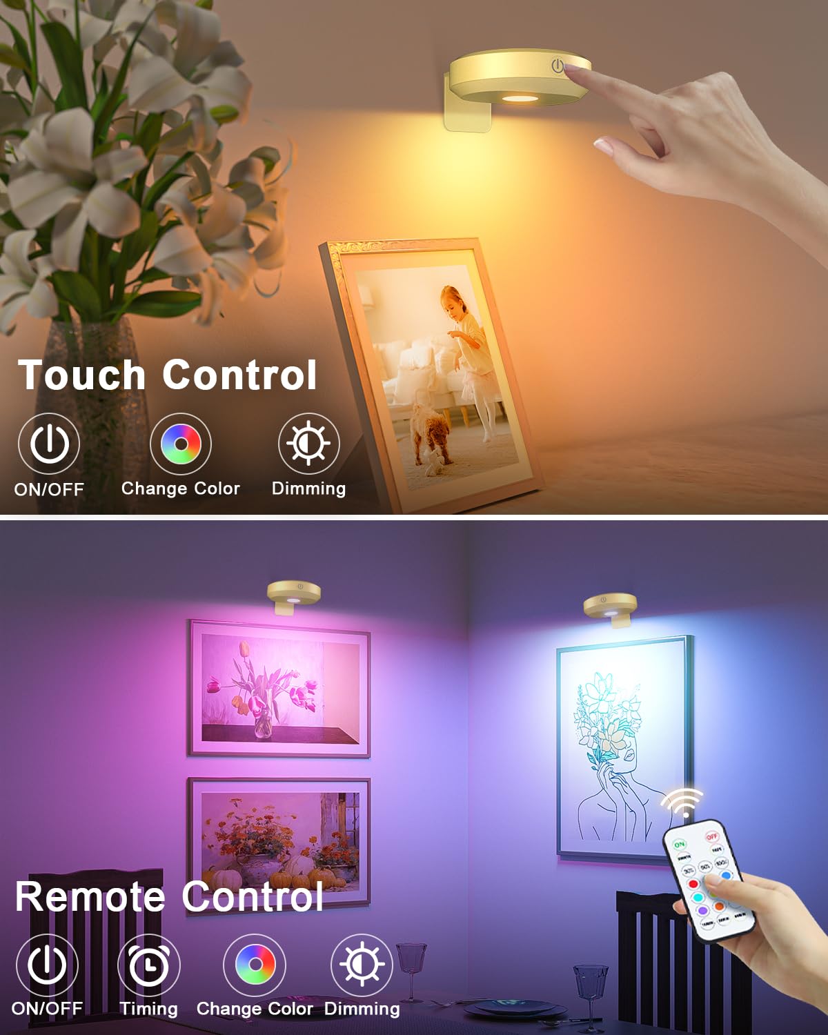 WILLED Poster Lights, RGB Art Display Lighting, Rechargeable Wireless, Model WUS-049, Gold RGB, Wide Beam
