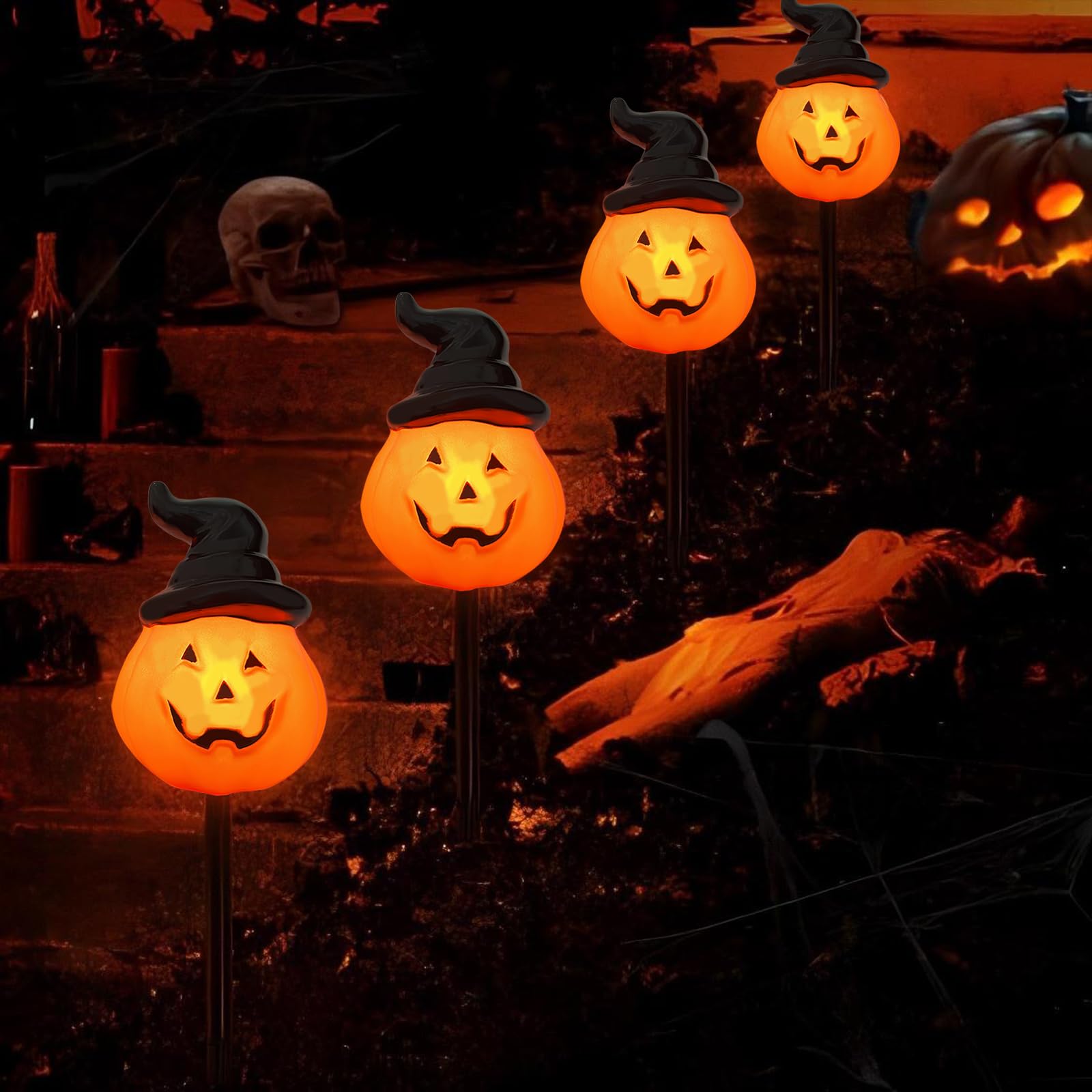 4 Pack Halloween Pumpkin Witch Hat Pathway Lights -7Ft LED Outdoor Halloween Decorations, Waterproof Halloween Garden Stake Ligh