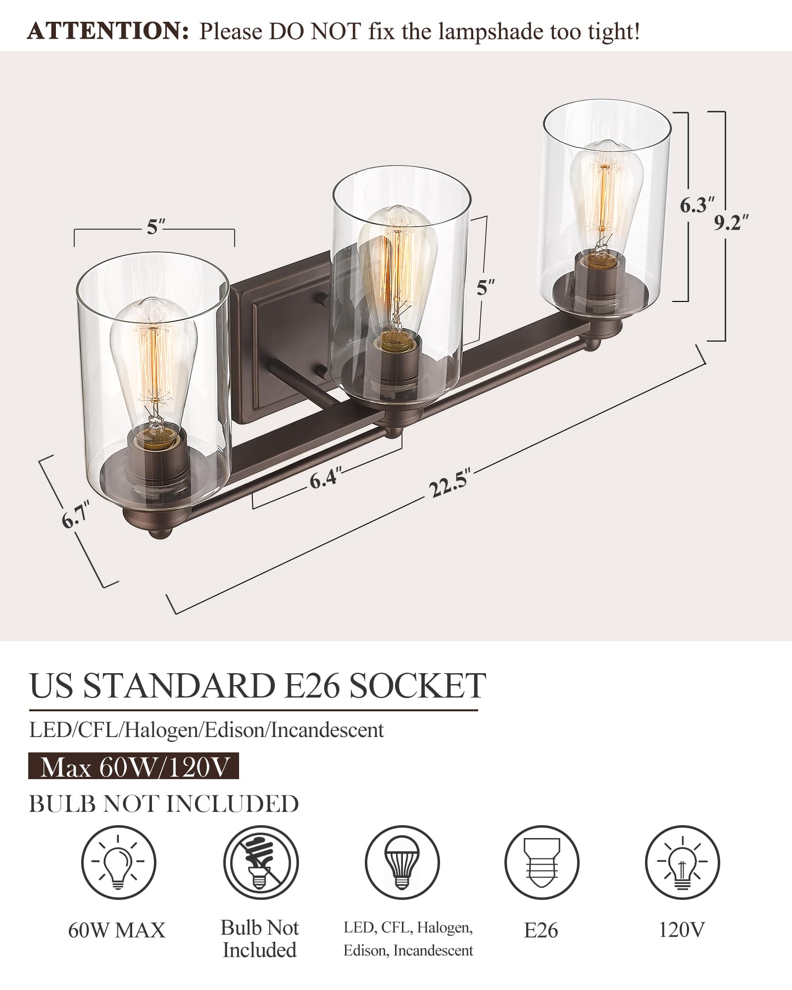 Hwh 3-Light Bathroom Vanity Light Fixture - Industrial Oil-Rubbed Bronze Wall Sconce