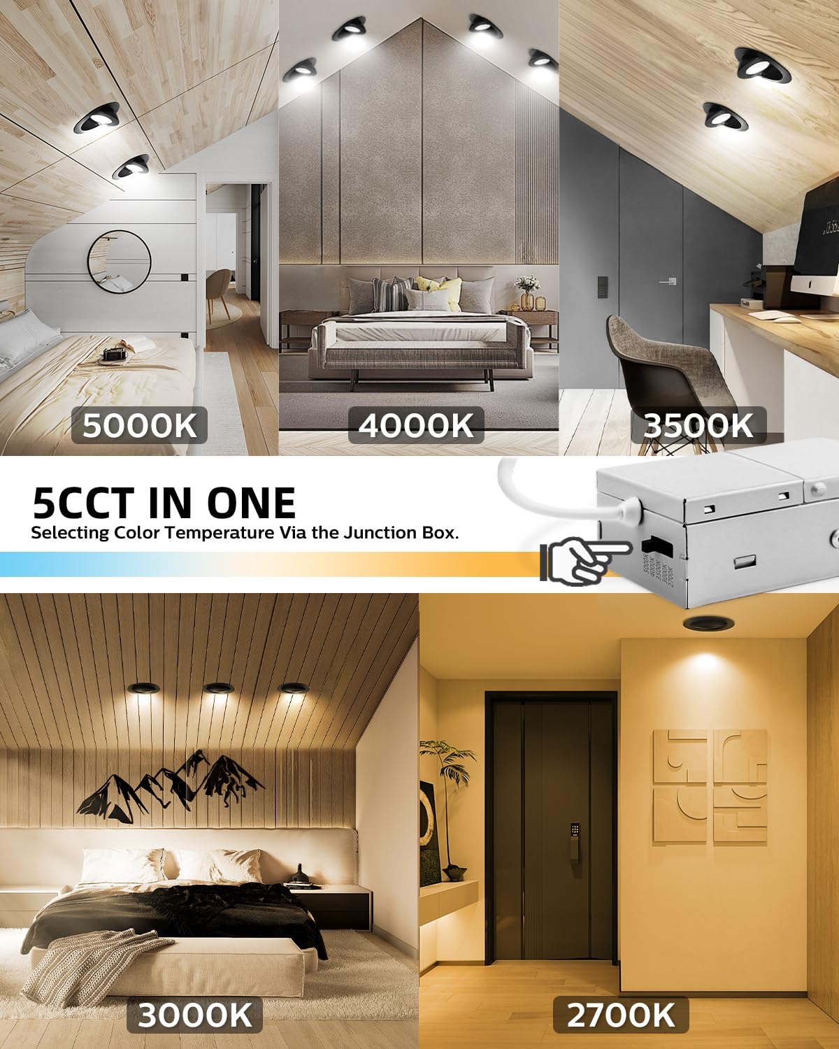 Adetu 4 Inch 5Cct Gimbal Black Led Recessed Lights, 360+90 Adjustable Directional Recessed Lighting, 2700K/3000K/3500K/4000K/500