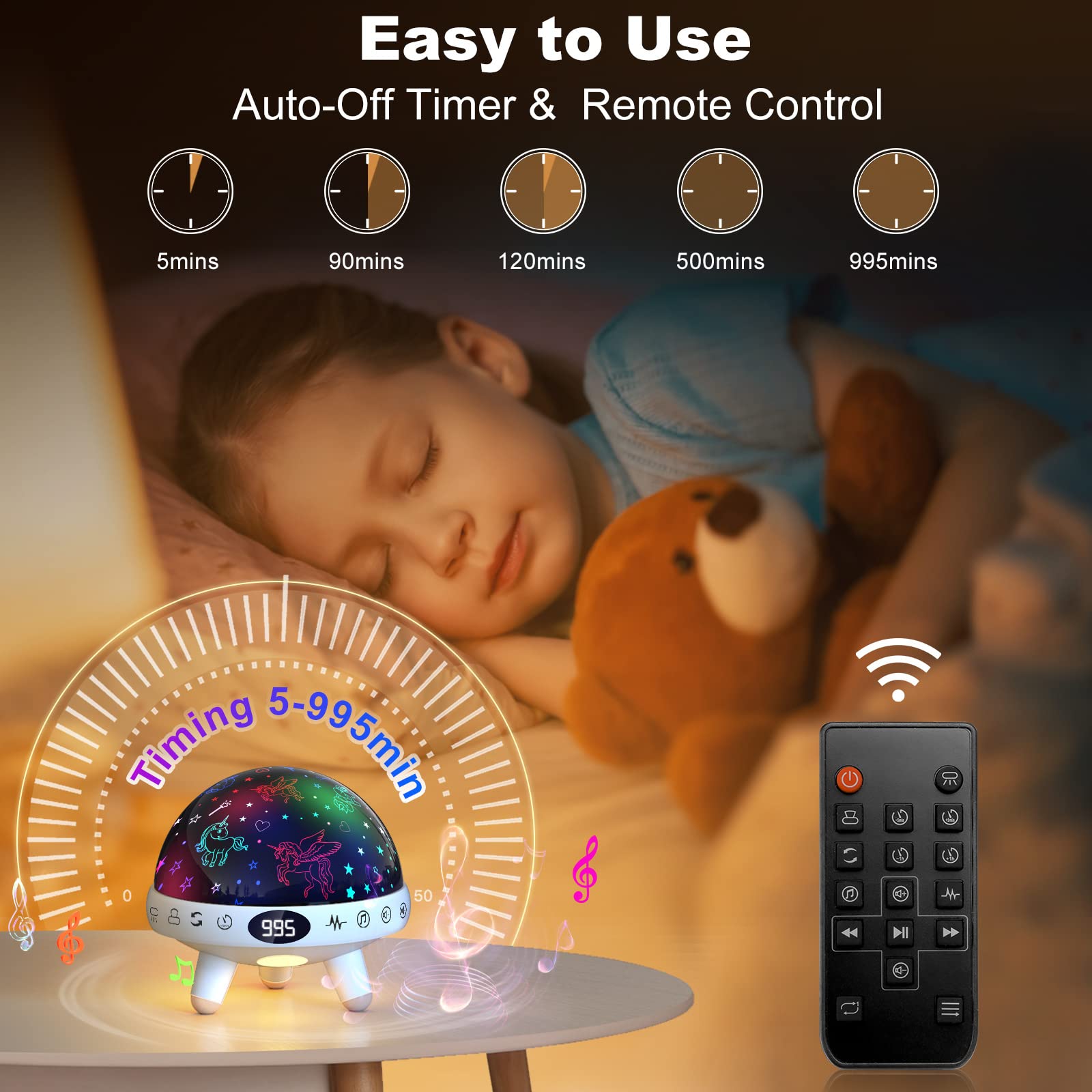 YACHANCE Unicorn Night Light Projector & Sound Machine for Girls, White, 29 Sounds