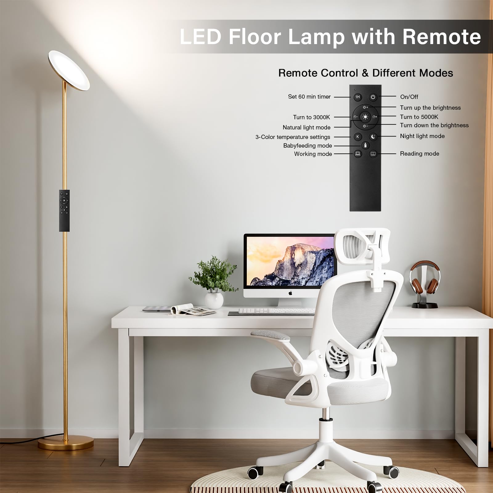 Preeotti Modern Led Floor Lamp - Remote & Touch Control, Sky Torchiere Standing Lamp, Fully Dimmable, 3 Color Temperatures, Idea