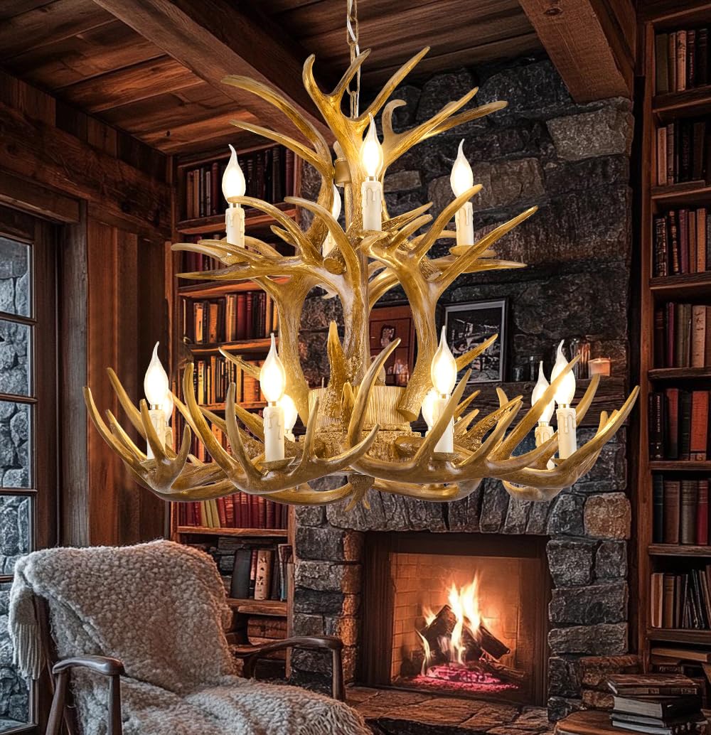 Afficat Farmhouse Antler Chandelier 2-Tier 12 -Light,Brown Antler Chandeliers Lighting Deer Horn Light Fixtures for Dining Room,