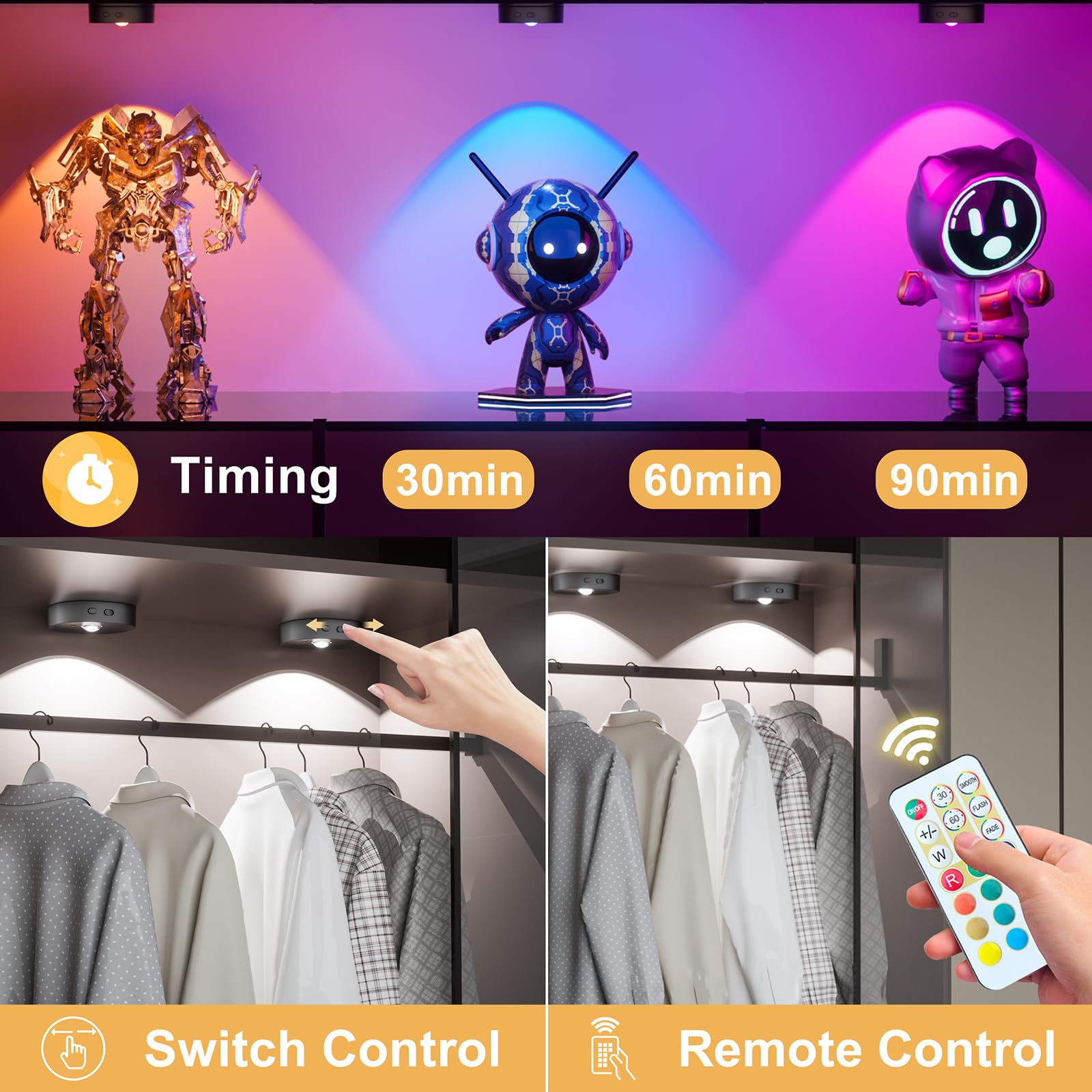 HOMEBEST Puck Lights with Remote, Rechargeable, 13 RGB Colors, 3 Pack, Black, Model HL05