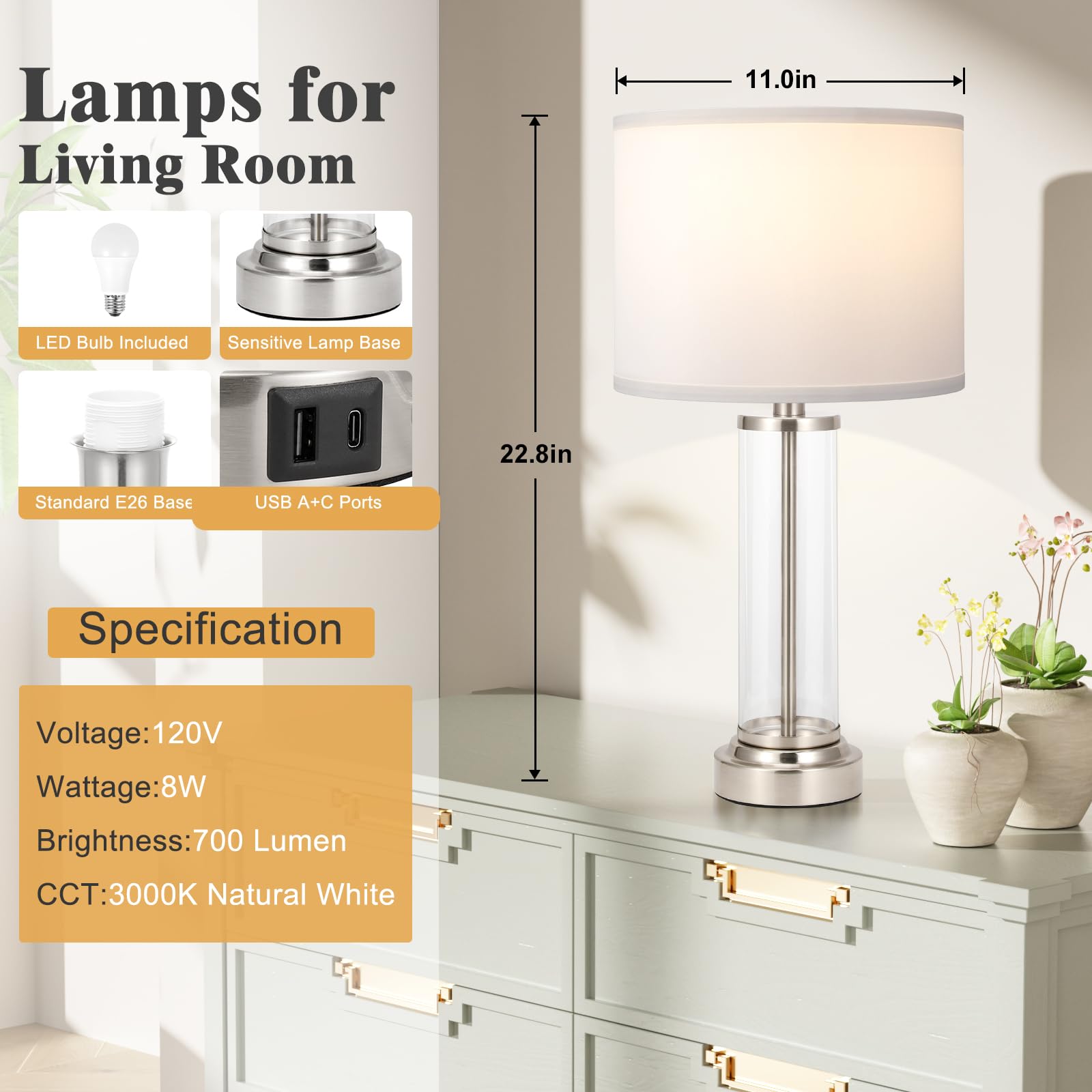 Nickel Bedroom Lamps Set Of 2 - Touch Bedside Lamp For Night Stands With Usb C+A, 3 Way Dimmable Nightstand Table Lamps For Livi