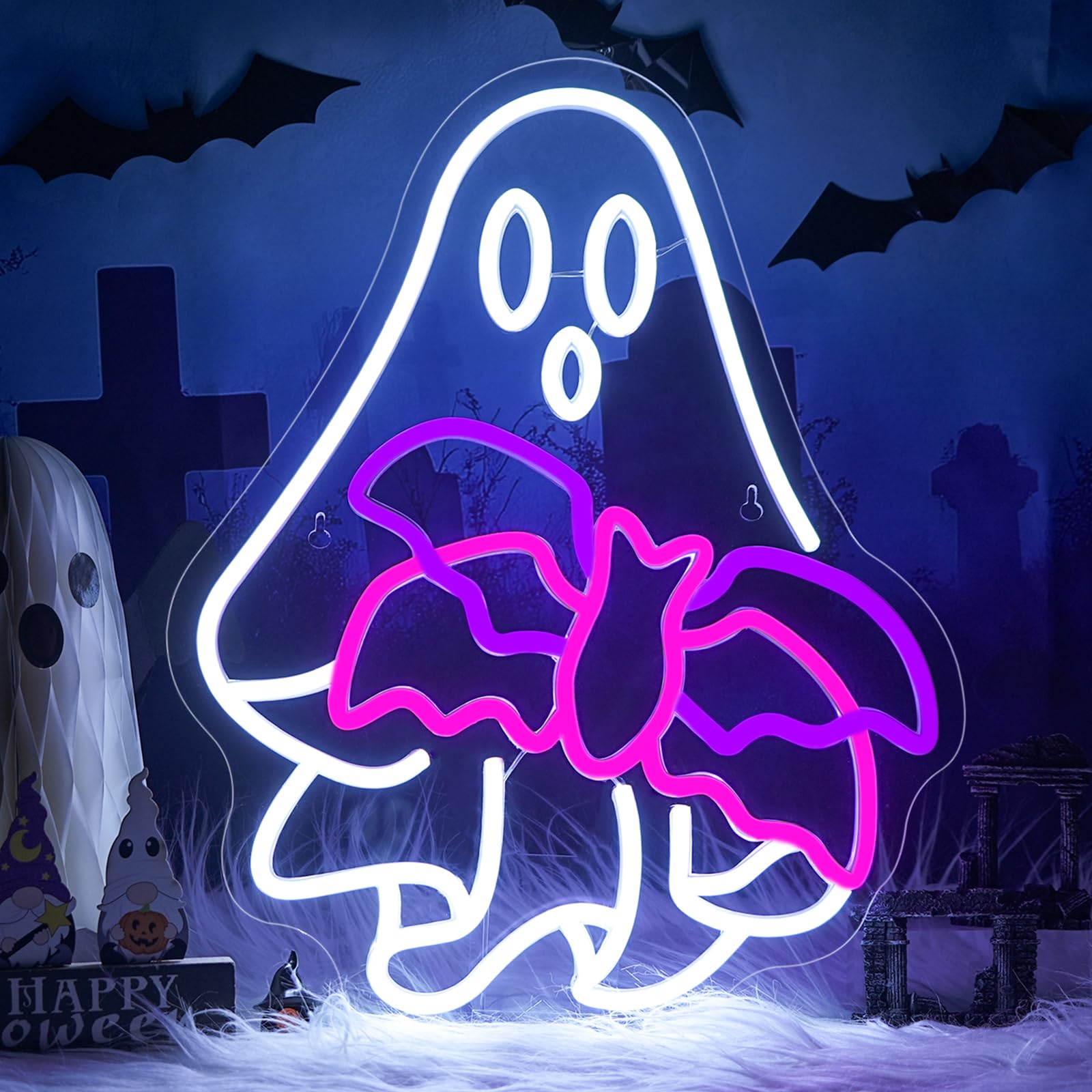 WLHOPE Ghost Bat Neon Sign - Dimmable LED Wall Decor for Halloween, Bar, Party - 12.6x15.74in, USB Powered