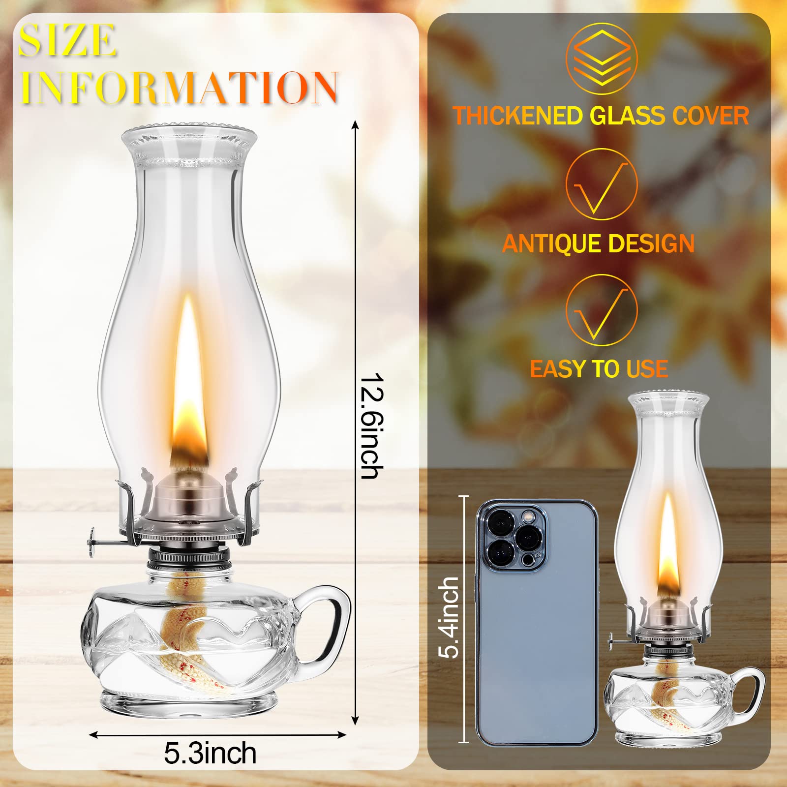 Yahenda 2 Pcs Chamber Oil Lamp Classic Kerosene Lantern Vintage Oil Lamp For Indoor Use Decorative Antique Clear Hurricane Lantern With Adjustable Fire Wick For Home Tabletop Decor,12.6 Inch Height