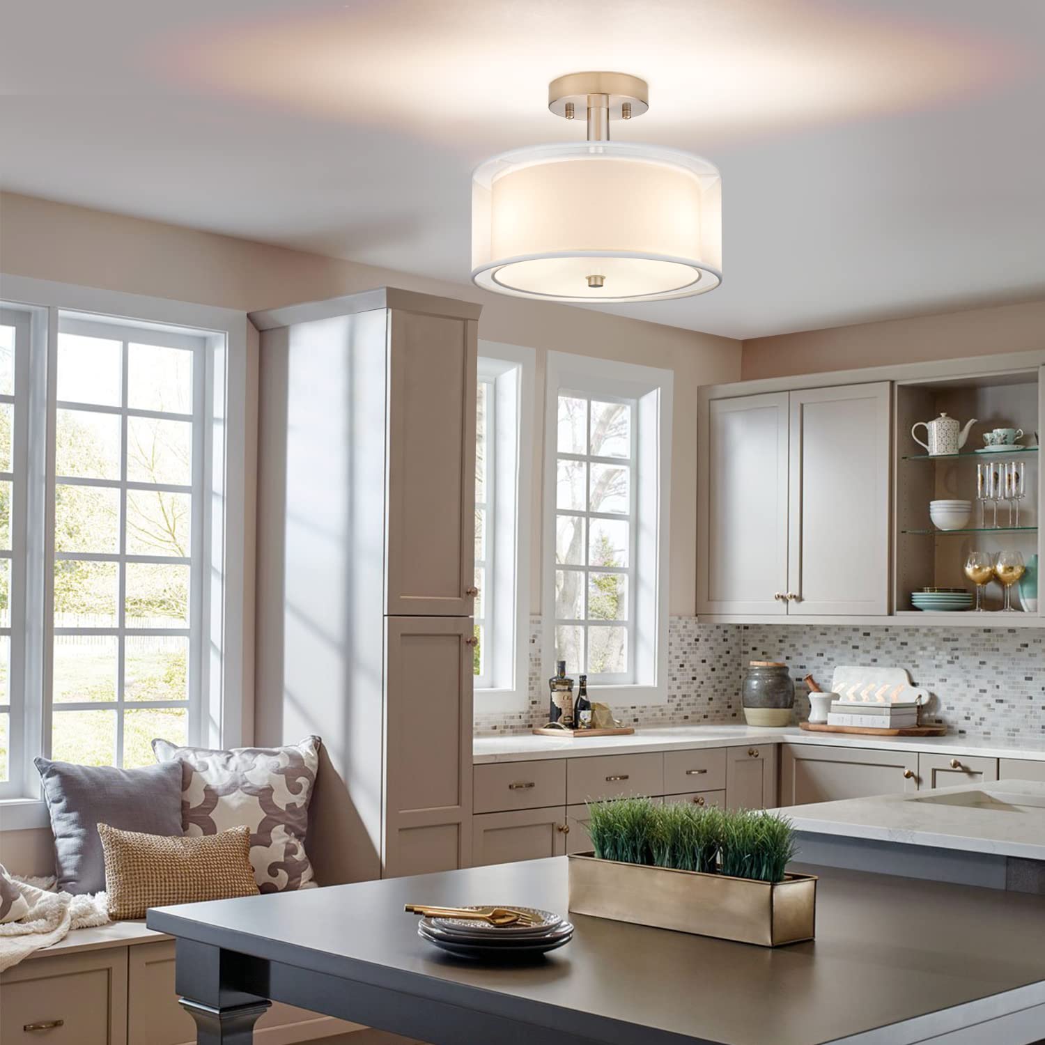 FOLKSMATE 3-Light Semi Flush Mount Ceiling Light Fixture, 16 Inch, White, Iron and Fabric, Model aeb9981f-cb92-4f8b-864