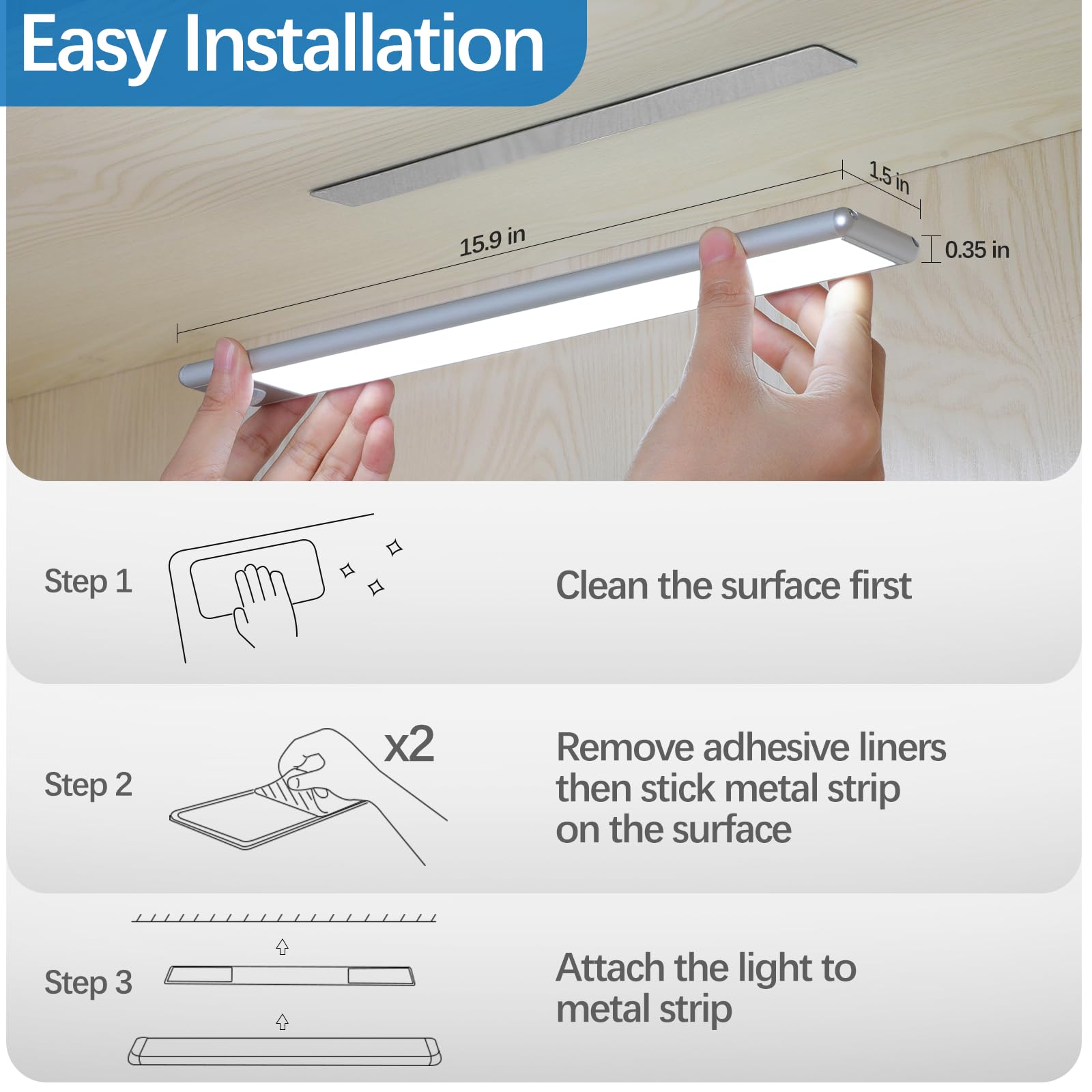 YLXS Motion Sensor Under Cabinet Lights, 15.9" Aluminum Wireless Light Bar, Magnetic Rechargeable, Cool White, 2-Pack