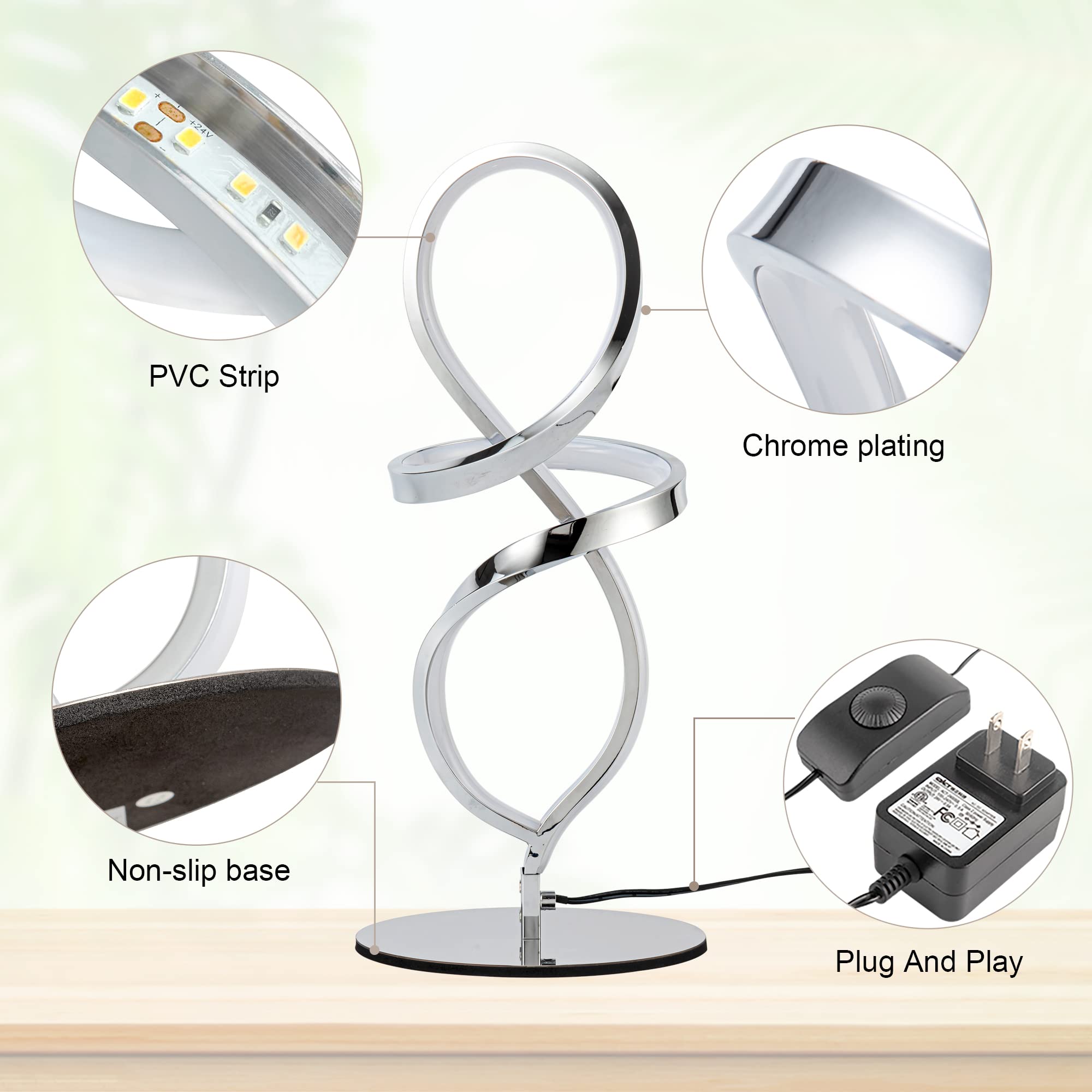 Mayful LED Spiral Table Lamp, Stepless Dimming, Chrome, 12W, 3200K Warm White, Modern Bedside Lamp for Bedroom & Living Room, Model 6606-1