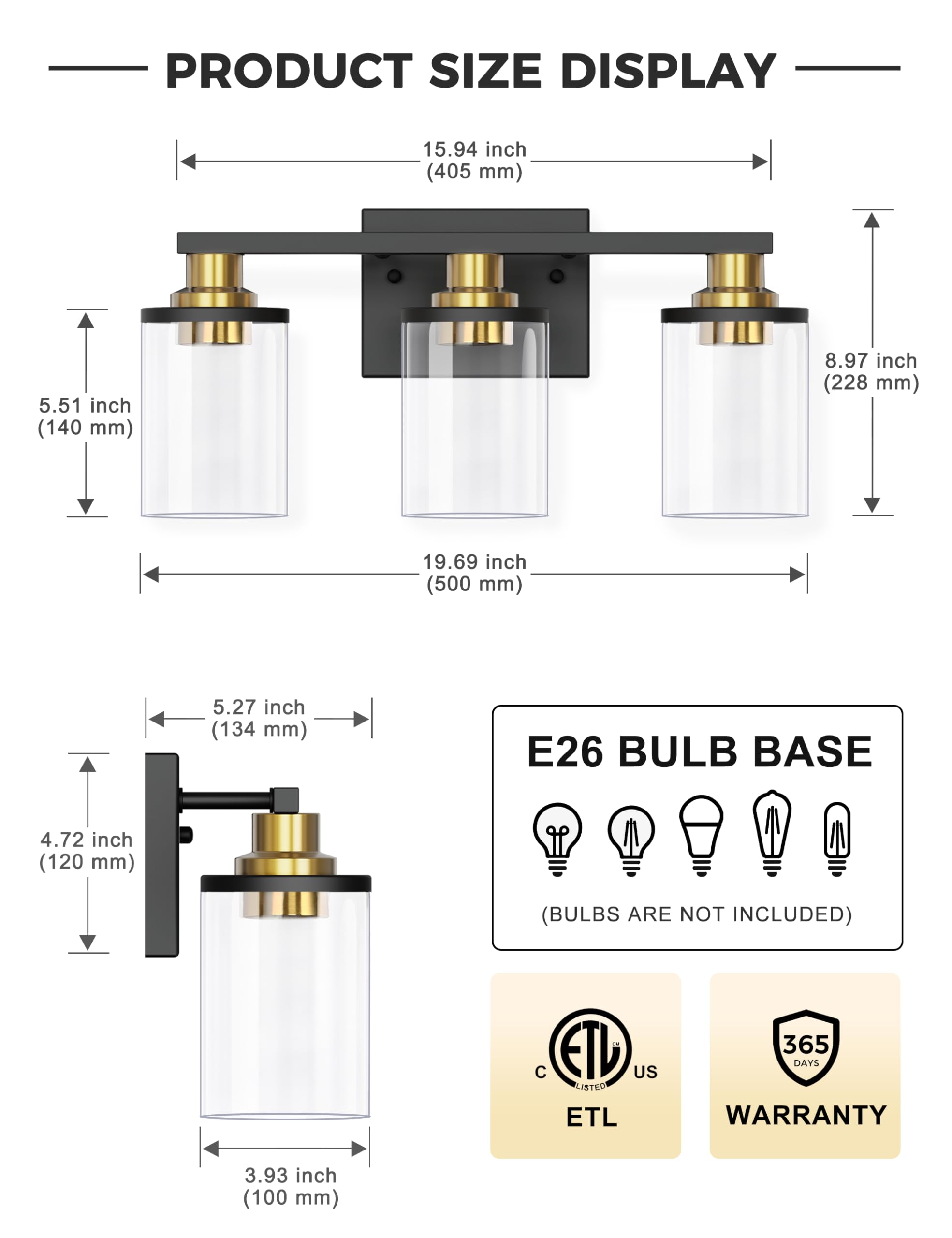 L LOHAS LED 3-Light Bathroom Light Fixtures, Black and Gold, Modern Design, Glass Shade, ETL Listed, Model USA-LK-JQ00501CGB