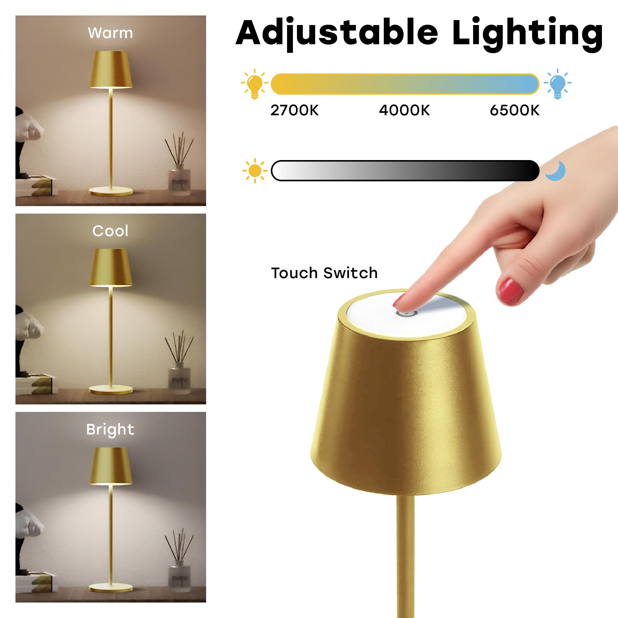 CASABOLA Cordless Table Lamp, LED, 5200mAh Battery, 3 Color Dimming, 4.5inD x 4.2inW x 15inH, Gold,