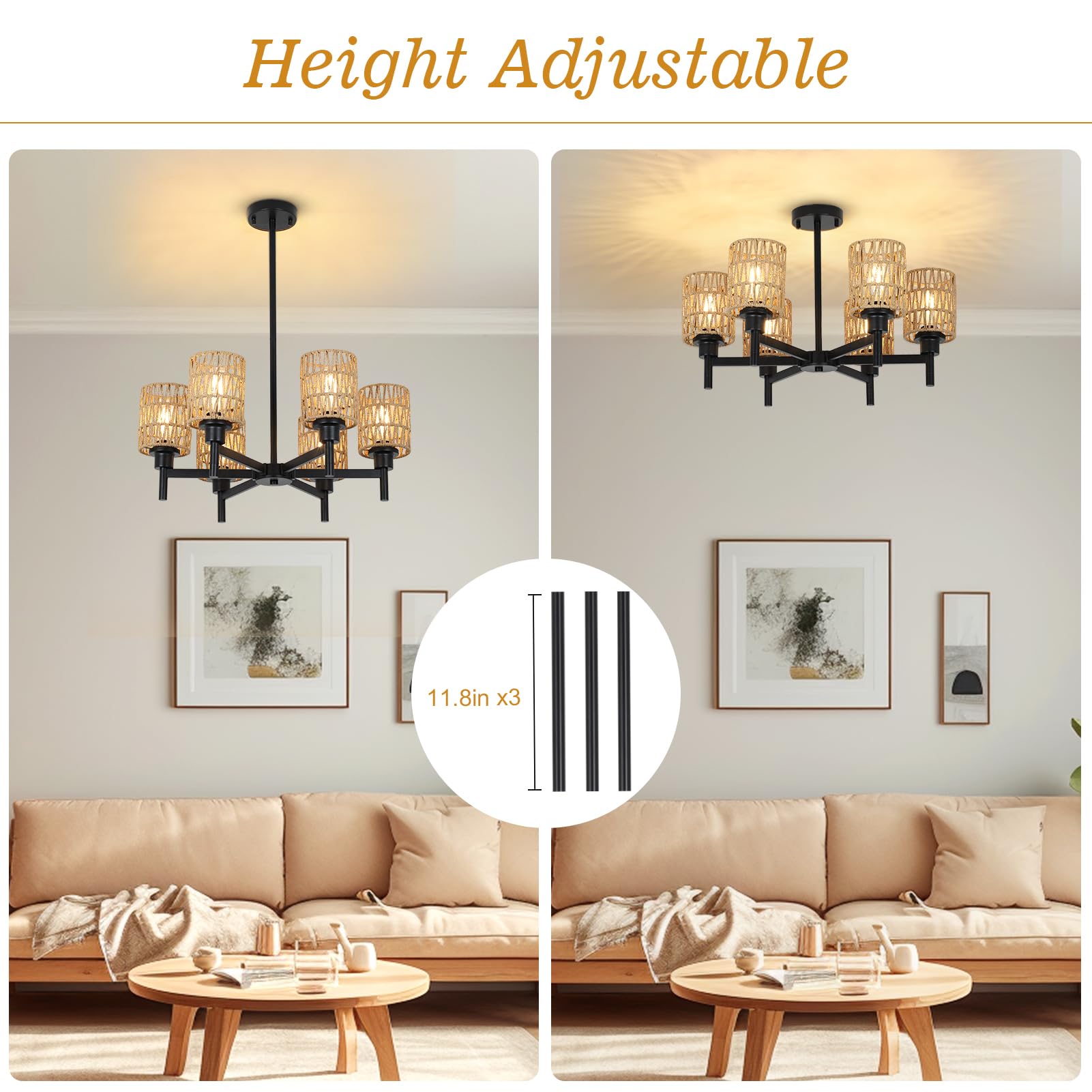 Airposta Rattan Chandelier for Dining Room, Black Pendant Light, Rustic Boho Design, Model 230907A1