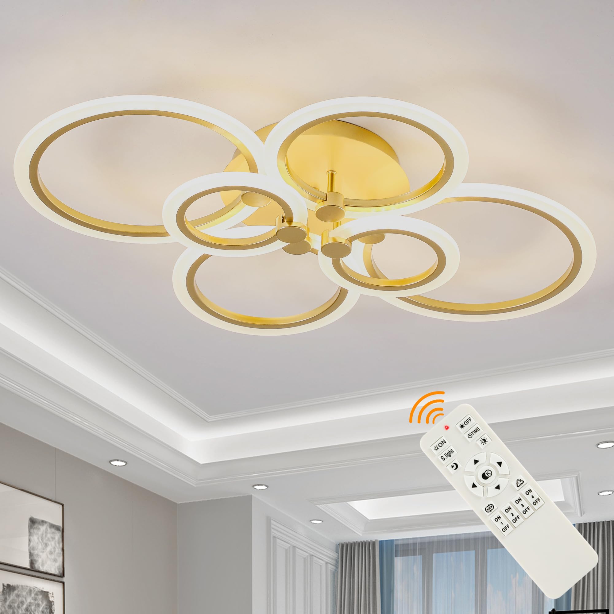 SJV Modern LED Ceiling Light Fixture, Gold 6Rings Dimmable Flush Mount Ceiling Light, 31.4'' Kitchen Lighting Fixtures Ceiling L