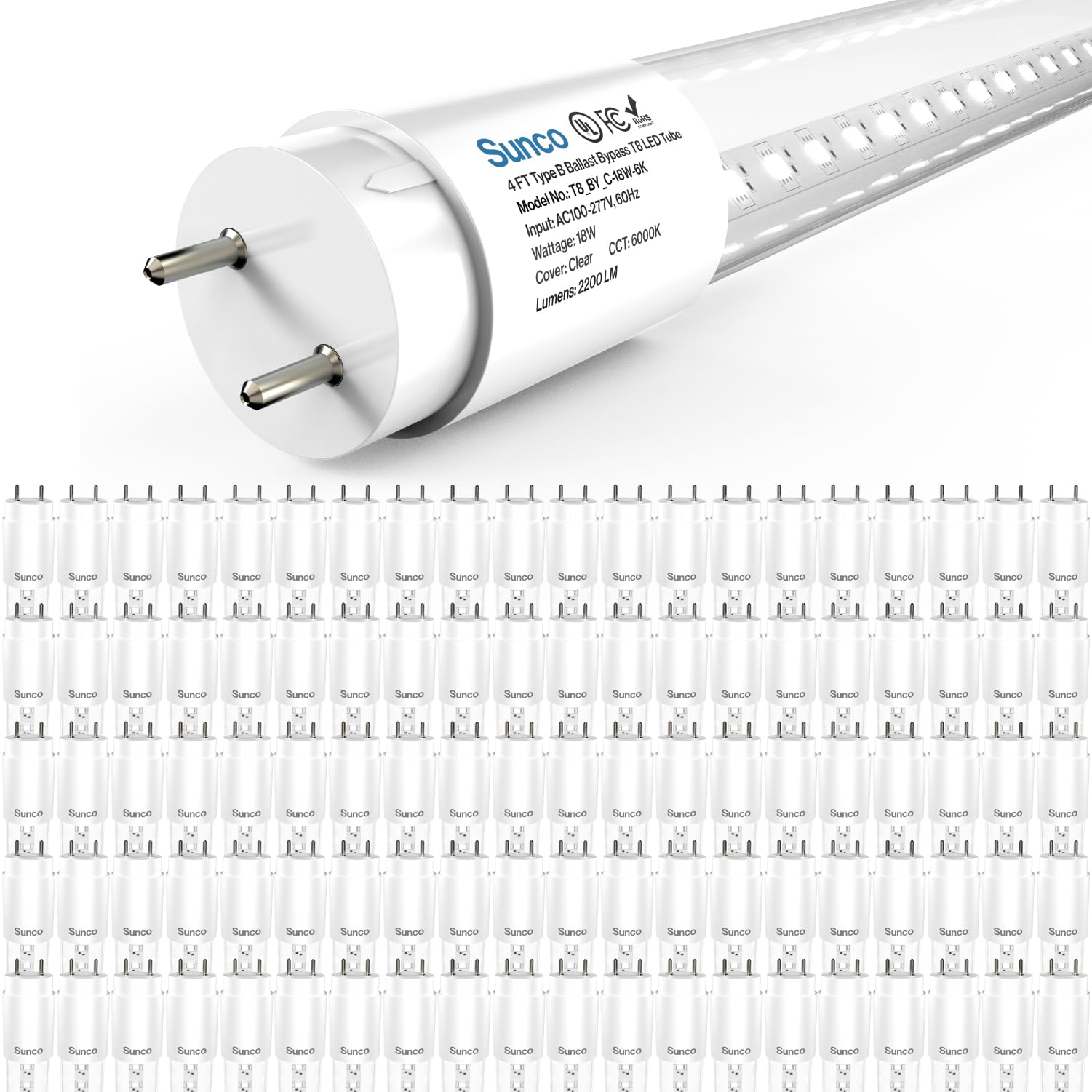 Sunco 100 Pack T8 Led Bulbs 4 Foot, Tube Light Bulbs Ballast Bypass, 48 Inch Fluorescent Replacement, 2200 Lm, 18W, 6000K Daylig