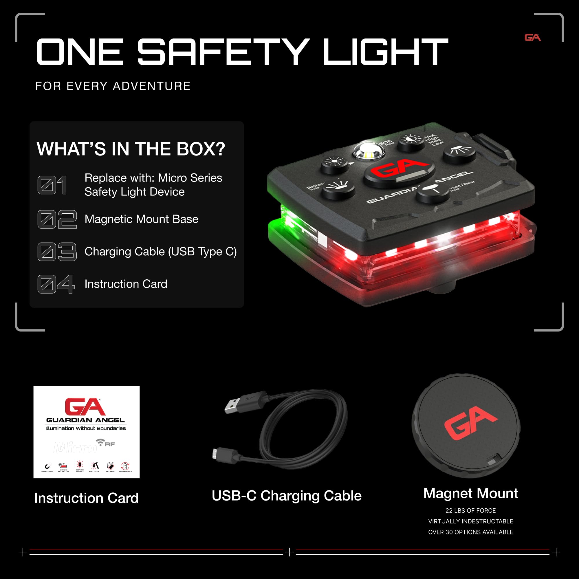 Guardian Angel Micro Series Safety Lights, Beacon Device (Red Front & Green Rear) | Rechargeable, Magnetic & Hands-Free Wearable Led Light For Dog Walking, Cycling, Camping & Kayak