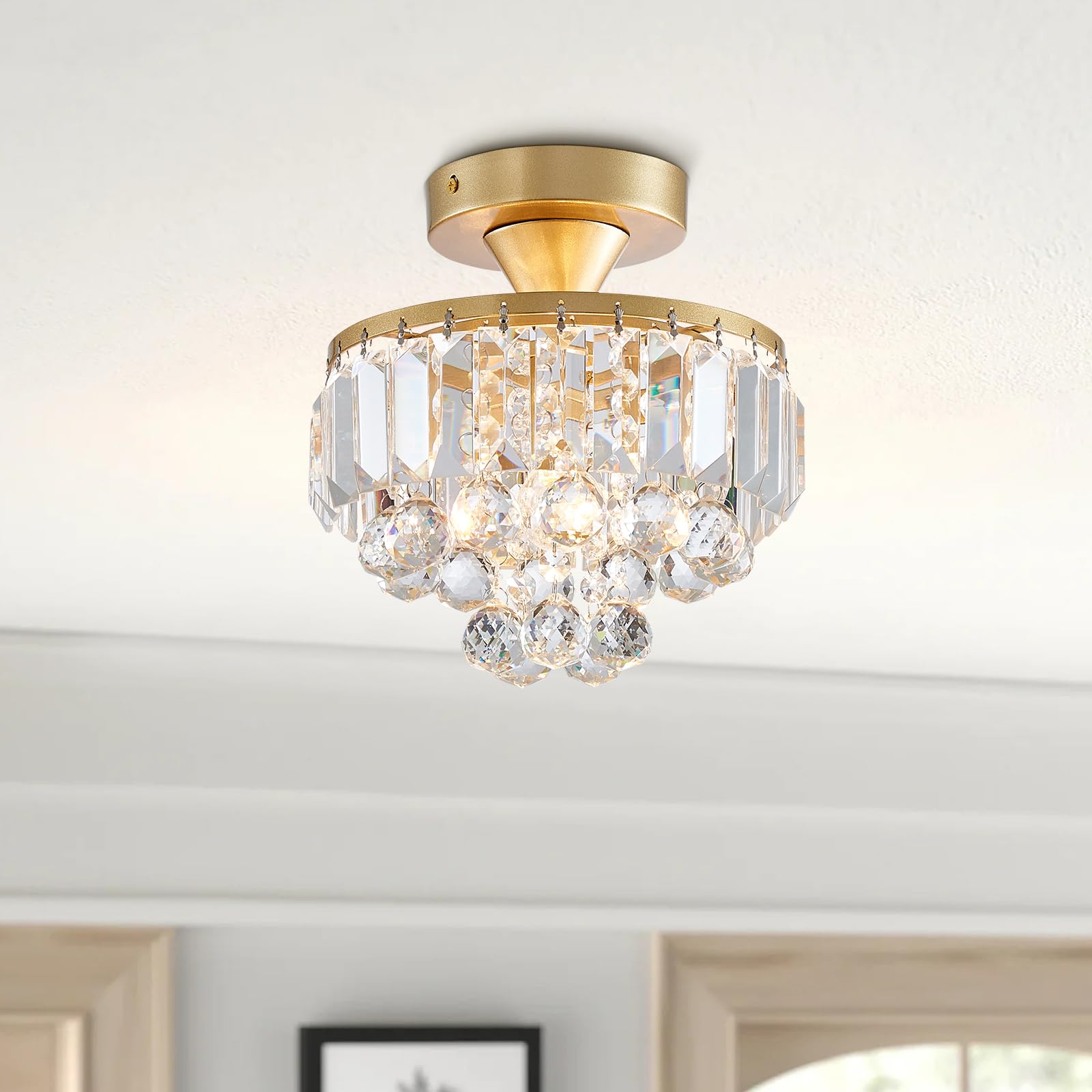 Bestier Modern Gold Crystal Semi-Flushmount Chandelier Lighting LED Ceiling Light Fixture Lamp for Dining Room Bathroom Bedroom Livingroom Diameter 9 Height 10
