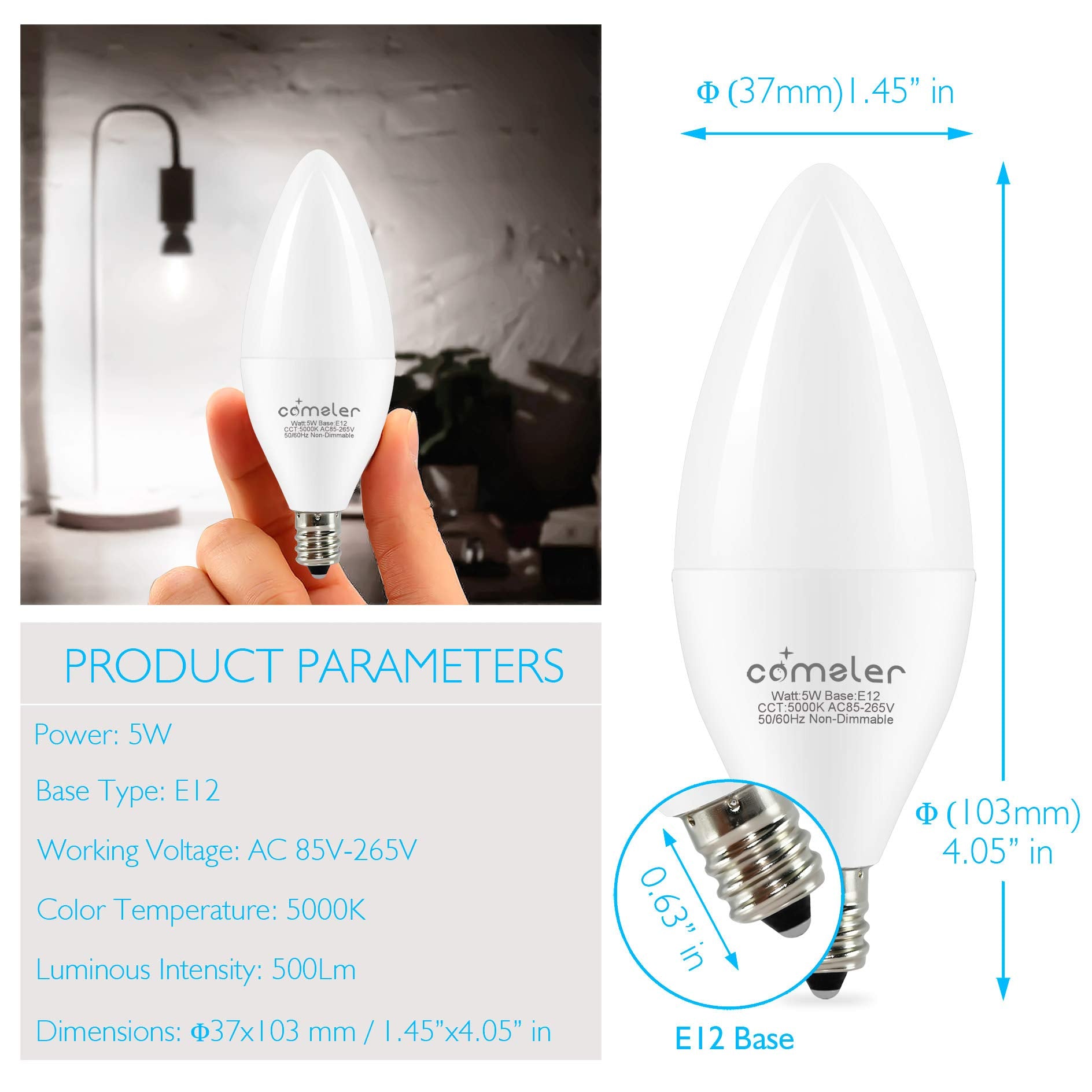 Comzler E12 Ceiling Fan Light Bulbs, Led Candelabra Bulbs, 5 Watt (60 Watt Equivalent), Daylight 5000K Led Chandelier Light Bulb