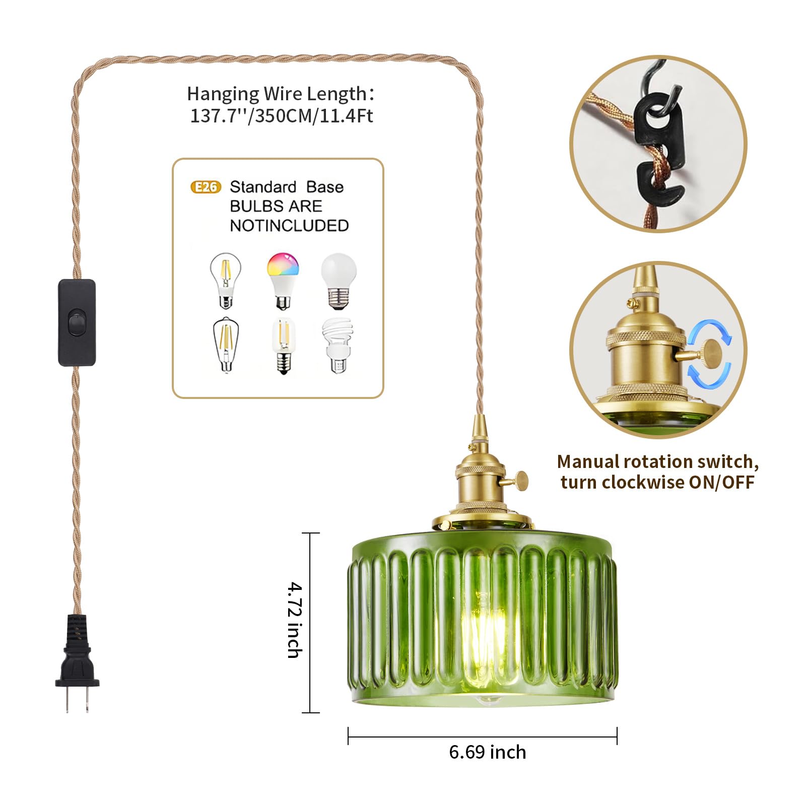 Beserwin Plug In Pendant Light  Hanging Lights With Plug In Cord  Hanging Light Fixture With Clear Glass  E26 Pendant Lighting For Kitchen Island  Bedroom  Dining Room  Living Room-Green