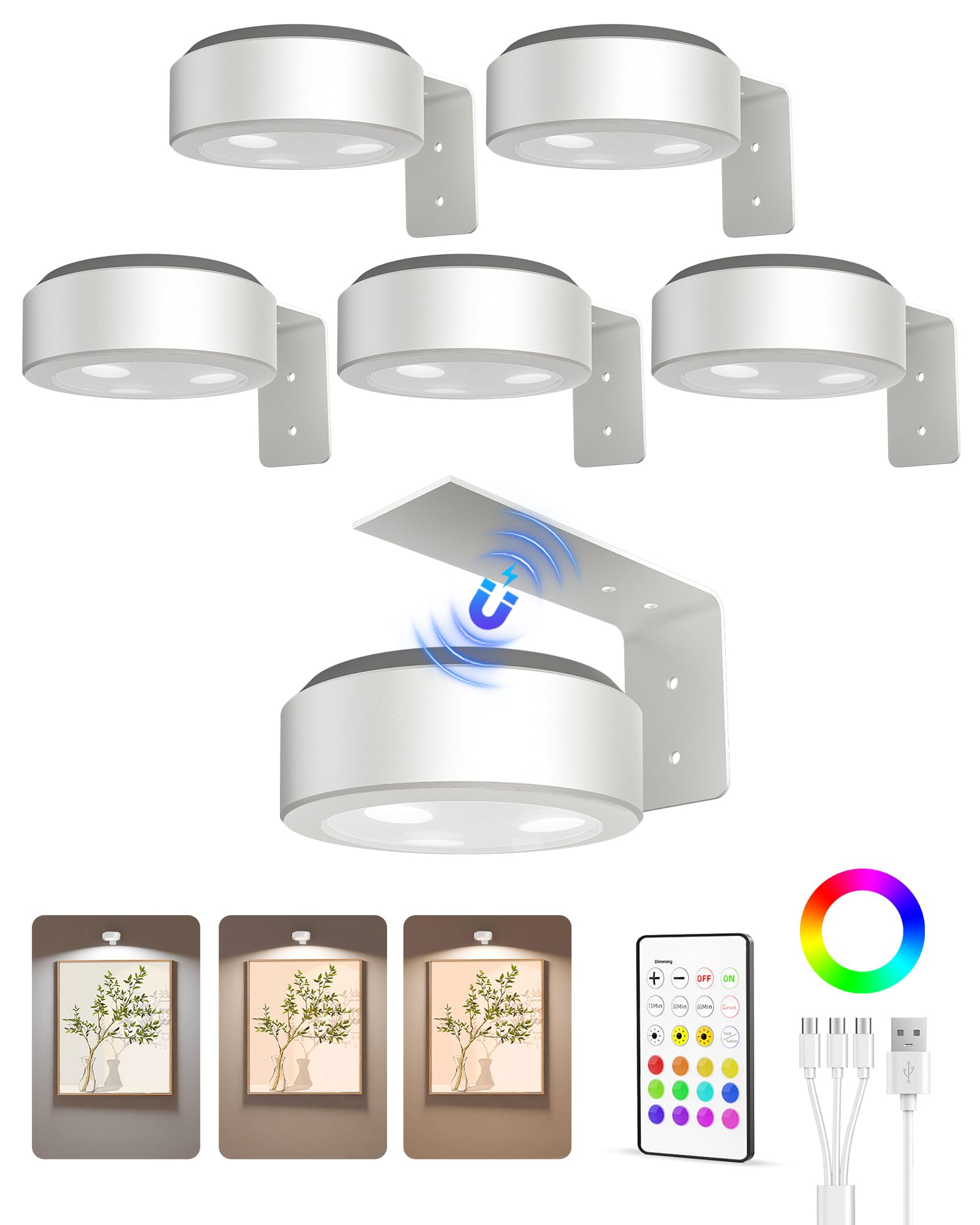 EZVALO Picture Lights - 2000mAh Rechargeable, 3 Color Temps, Remote Dimmable, 6 Pack, White, Model LT-01