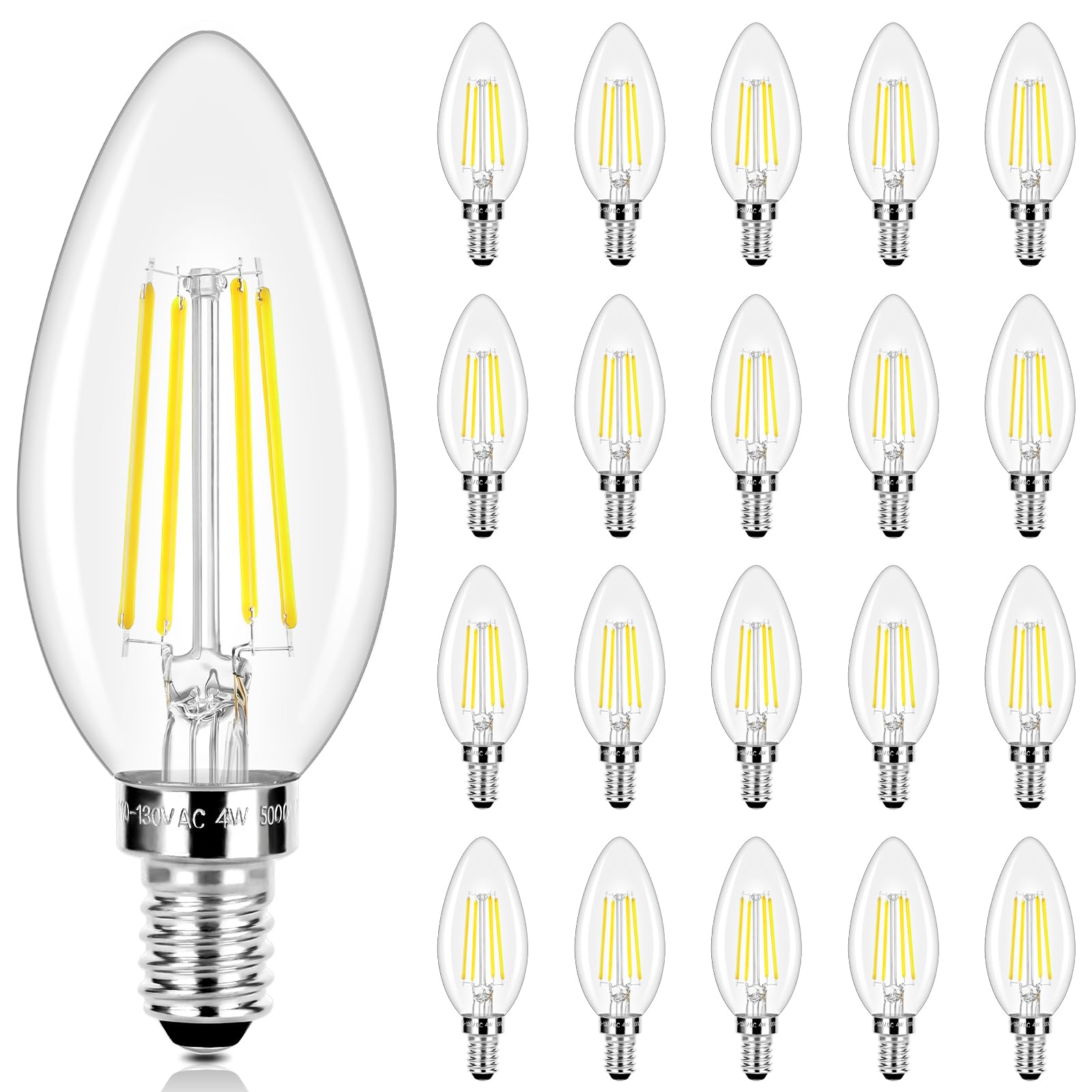 Led Candle Bulbs 40W Equivalent, E12 Candelabra Light 4W 470Lm Clear Edison, Daylight White 5000K B11 Classic Bright Filament, N
