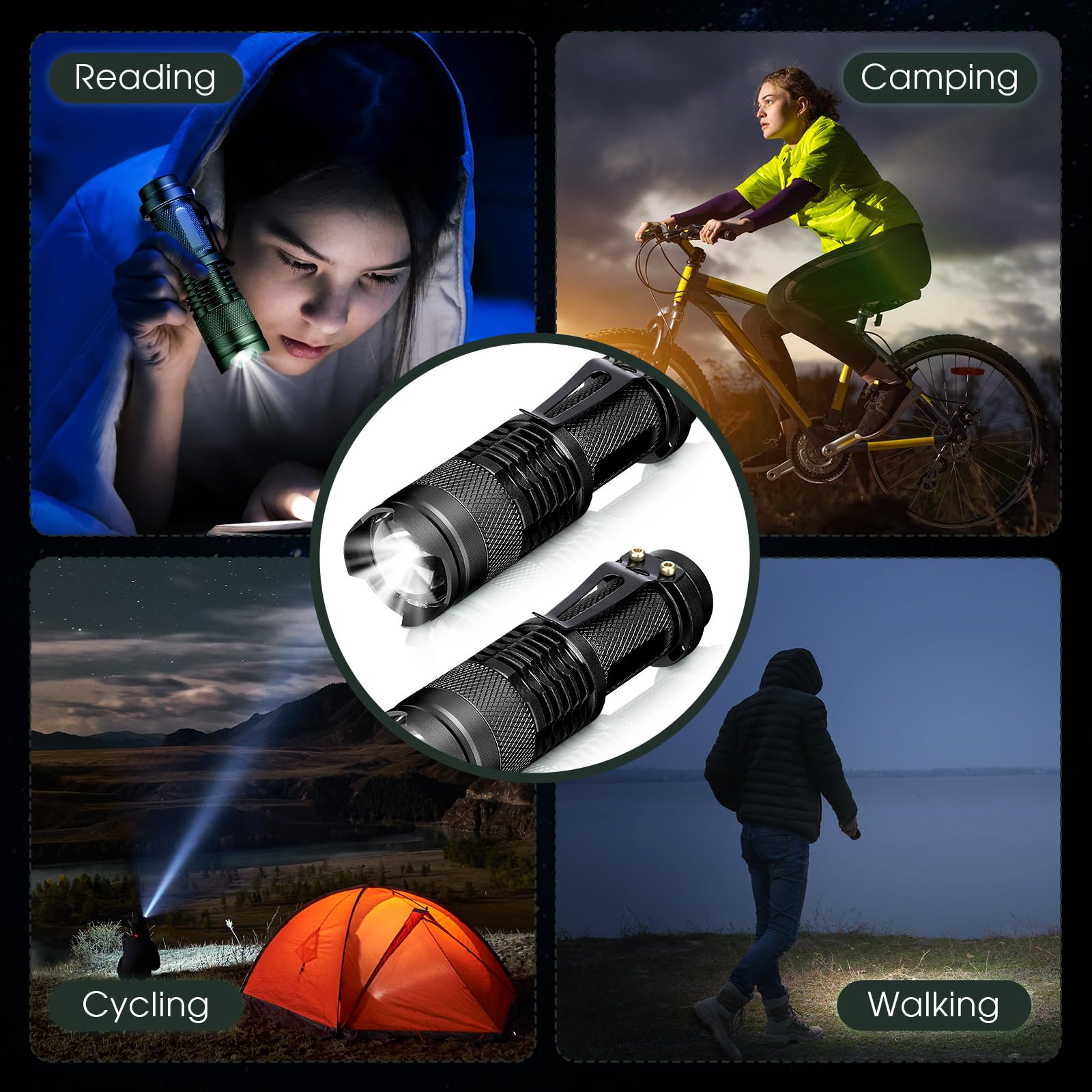 Fumete LED Flashlight Mini Tactical Torch, 3 Modes, Water Resistant, Adjustable Focus, Multicolor 2, Lightweight Aluminum for Hiking