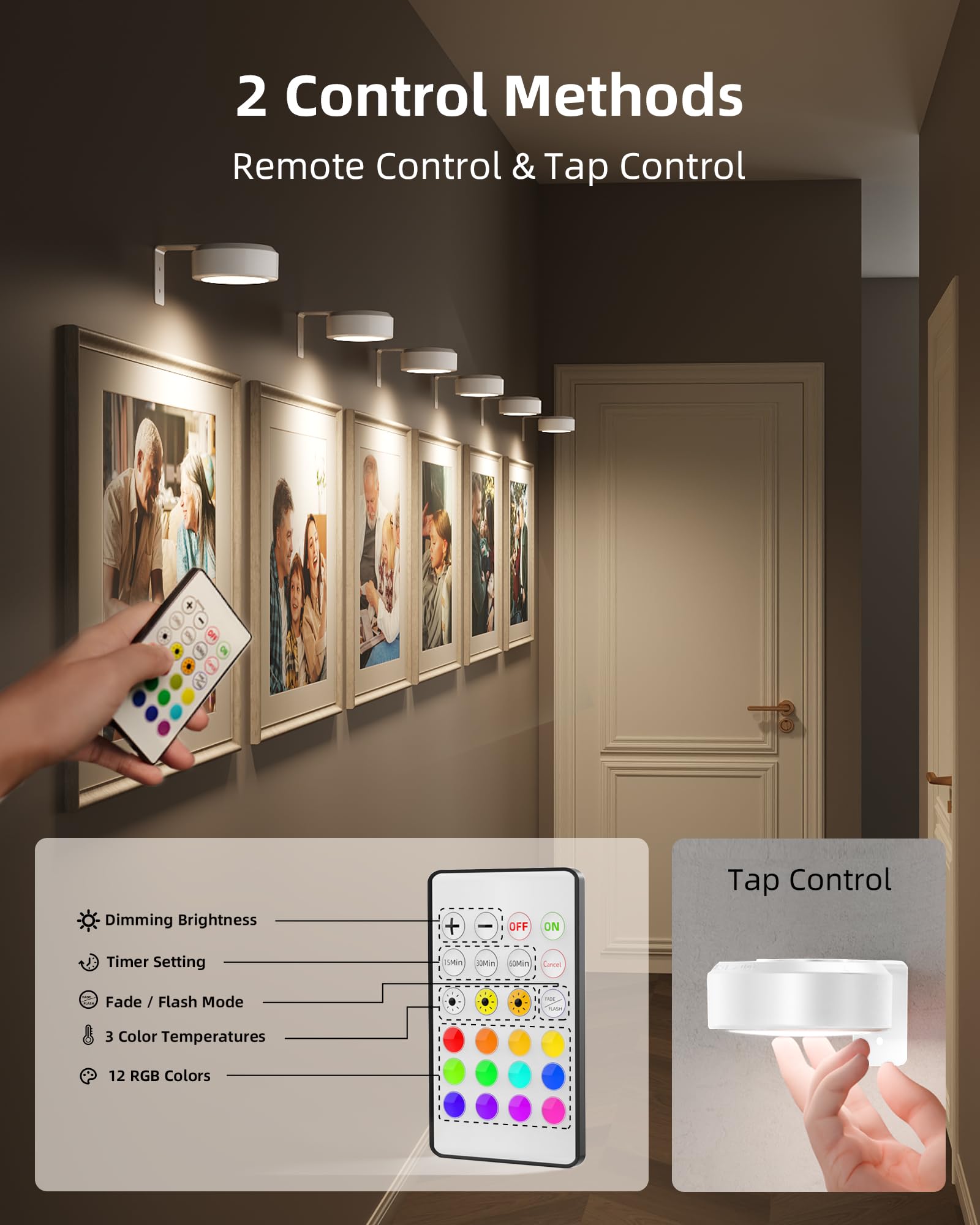 EZVALO Picture Lights - 3 Pack Magnetic Wall Art Lights, 2000mAh Rechargeable, 3 Color Temps & RGB, Remote Dimmable, White