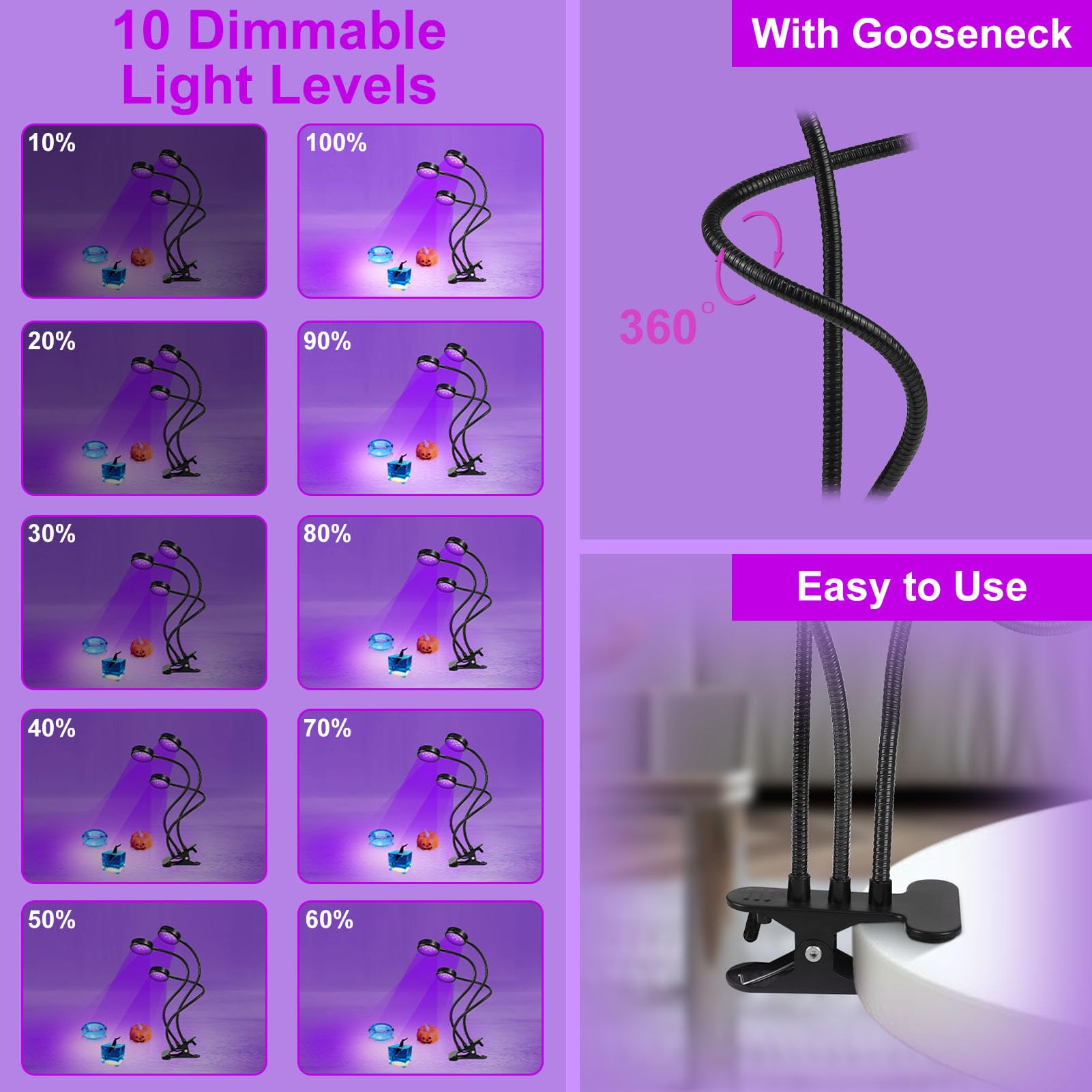 Ygs-Tech Led Black Light, 15W Uv Lamp With Usb, Three Head Dimmable Gooseneck Uv Light, Wavelength 389-405Nm Black Lights For Re